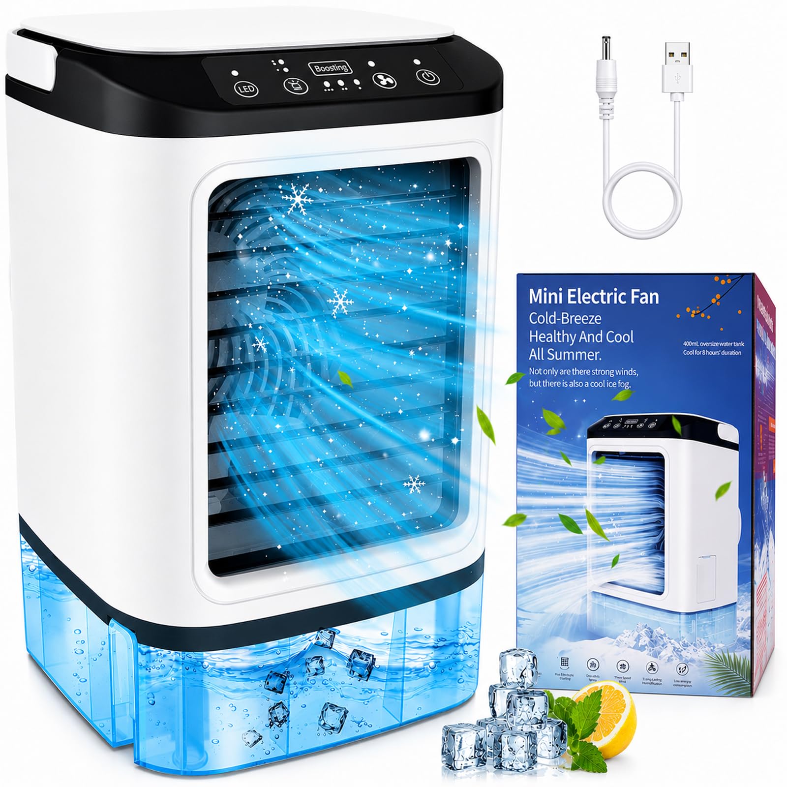 SMLEGFT Portable Air Conditioners, Evaporative Air Cooler with 2 Mist & 3 Speed/Boost Mode, 7 Color Light, 900ml Large Tank & Icebox, Personal Air Conditioner AC Cold Fan for Bedroom Office Desk Car