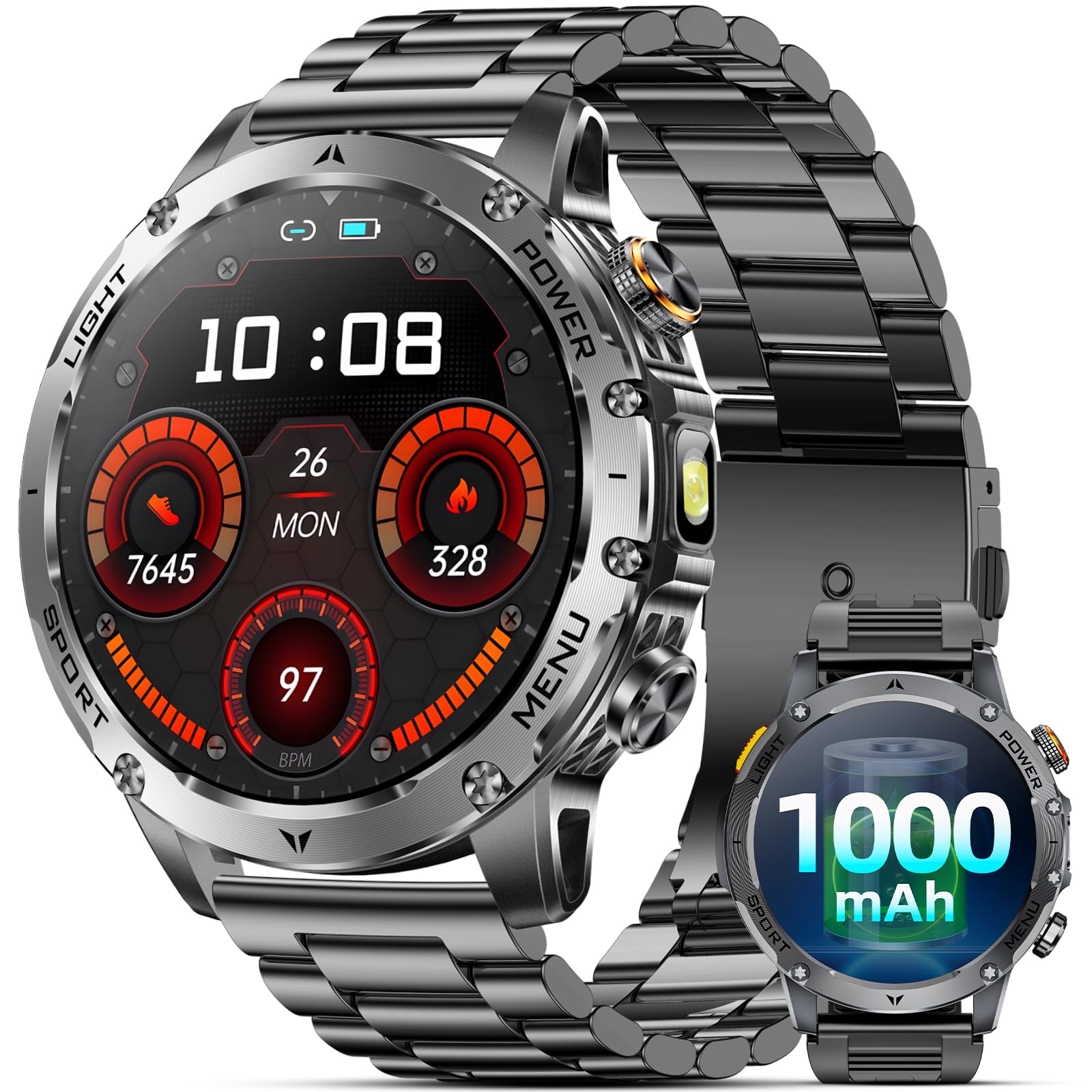 Military Smart Watches for Men, 1.7" Smart Watch with 1000 mAh Battery 100-Day Standby Time, Answer/Make Calls, IP68 Waterproof, Heart Rate/Sleep Monitor 100+ Sport Modes for Android/iOS (2 Straps)