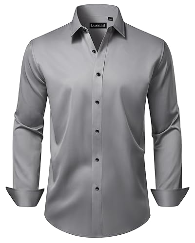 Lusead Men's Dress Shirts Long Sleeve Stretch Wrinkle Free Wedding Formal Business Button Down Shirt