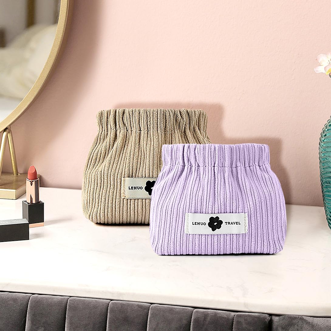 Koonafy 2pcs Corduroy Elastic Hair Tie Organizer Portable Travel Small Makeup Pouch Corduroy Lipstick Storage Bag for Hair Jewelry Lipstick Coin Purse for Women (Apricot+Purple) - Image 3