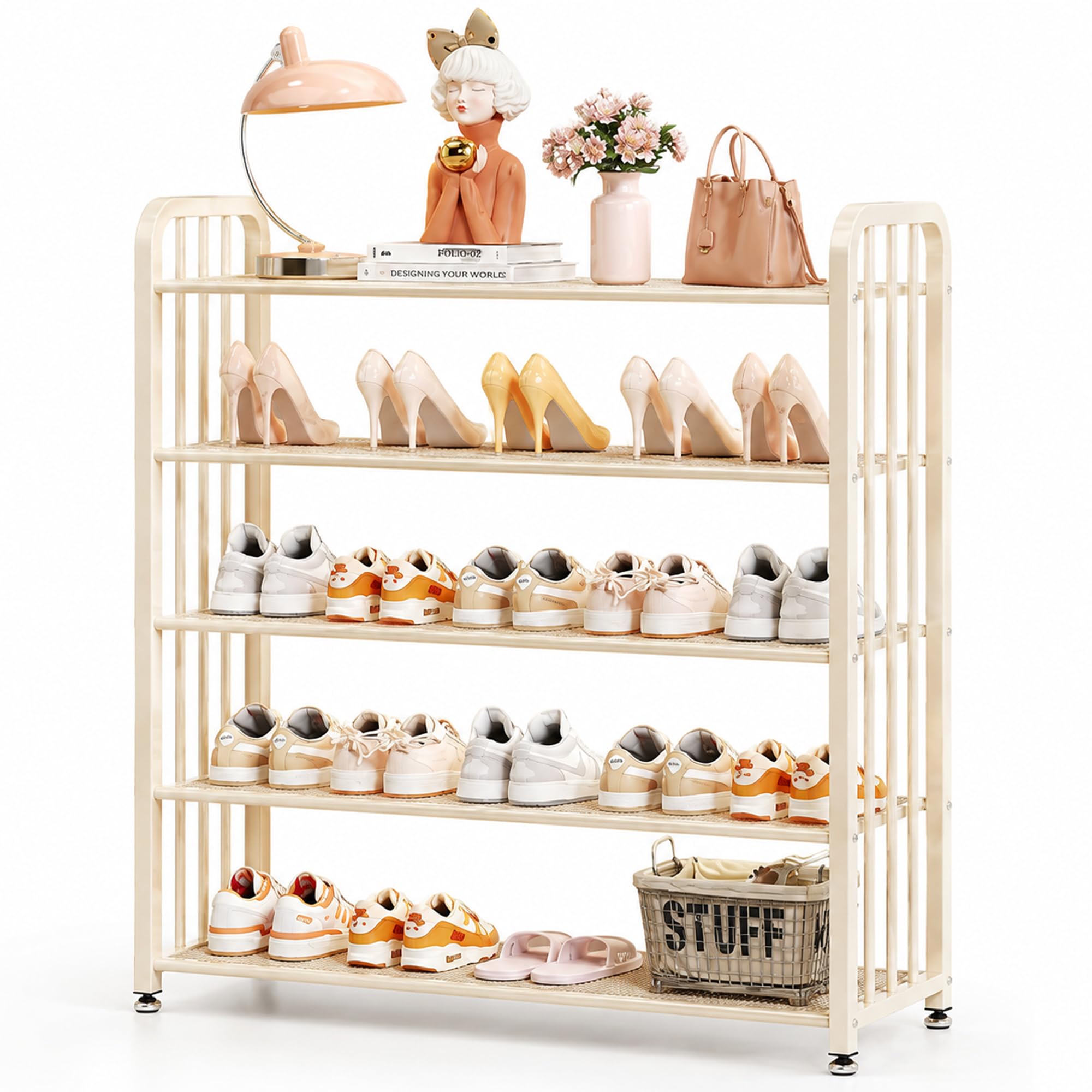 JSWHYBD Metall-Schuhregal mit 3/4/5 Ebenen, Gold, Schwarz oder Weiß