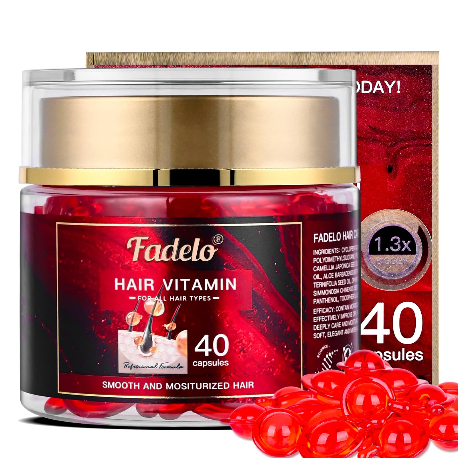 Fadelo Hair Vitamins Capsule - Rich in Vitamin A C E and Pro B5 - No Rinse Serum for Frizzy and Dry Damaged Hair - Enhanced Argan/Macadamia/Avocado Oils - 1.3x Design for Long Hair