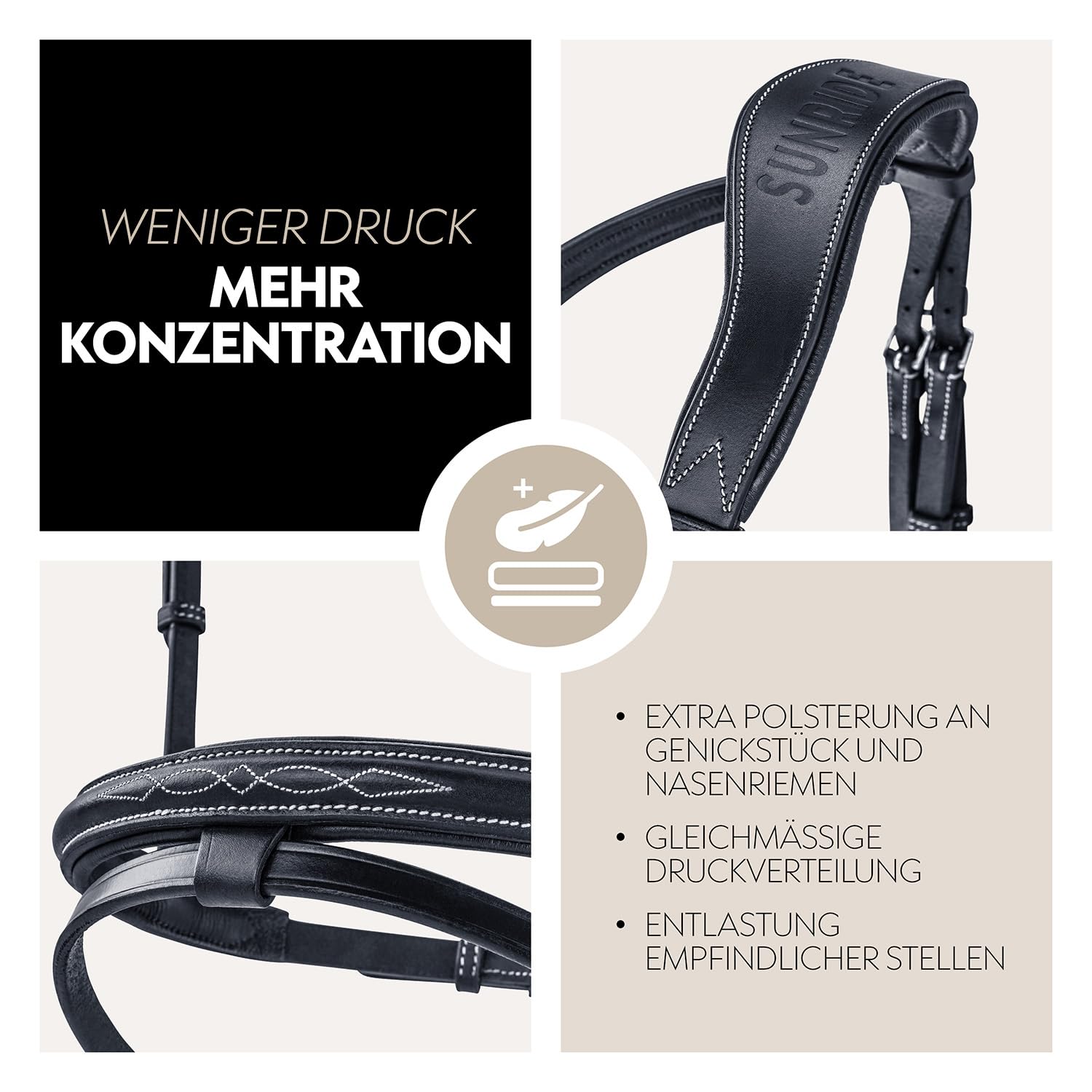 SUNRIDE Brida Inglesa combinada Caballo (London) – con riendas – Cuero Genuino Suave – Acolchado Extra – anatómica Ajustable – Artesanal – Costuras Decorativas – Acero Inoxidable (Full, Negro)