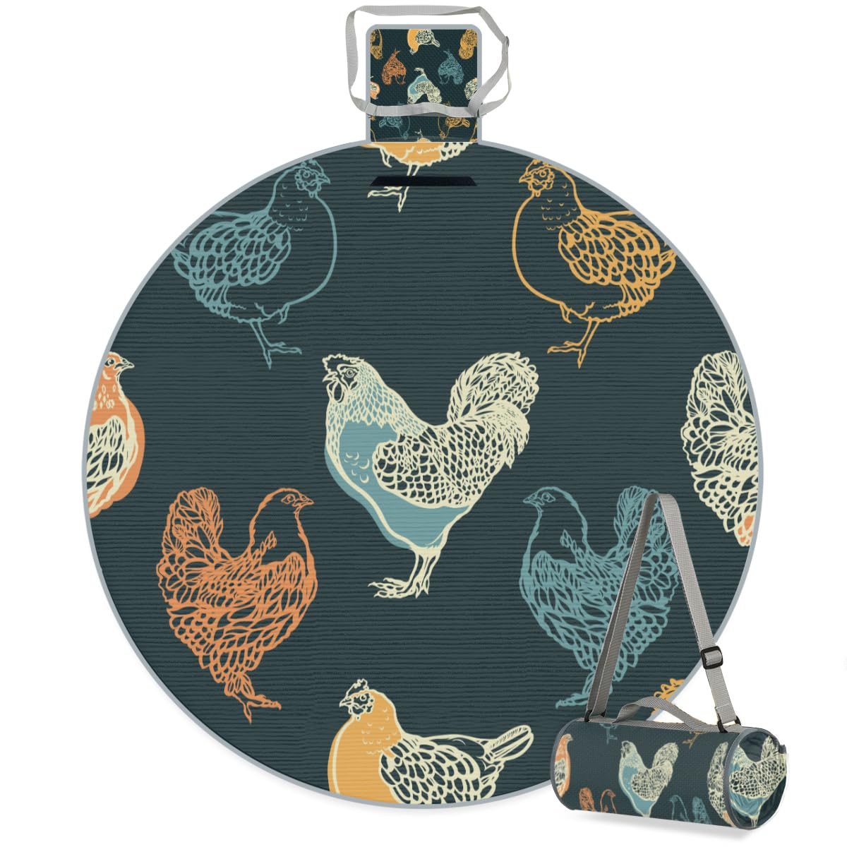 Shimoshe Hand-Painted Rooster Picnic Outdoor Blanket Foldable Waterproof Sandproof Beach Blanket Portable Water-Resistant Round Picnic Mat for Travel Camping Park Lawn