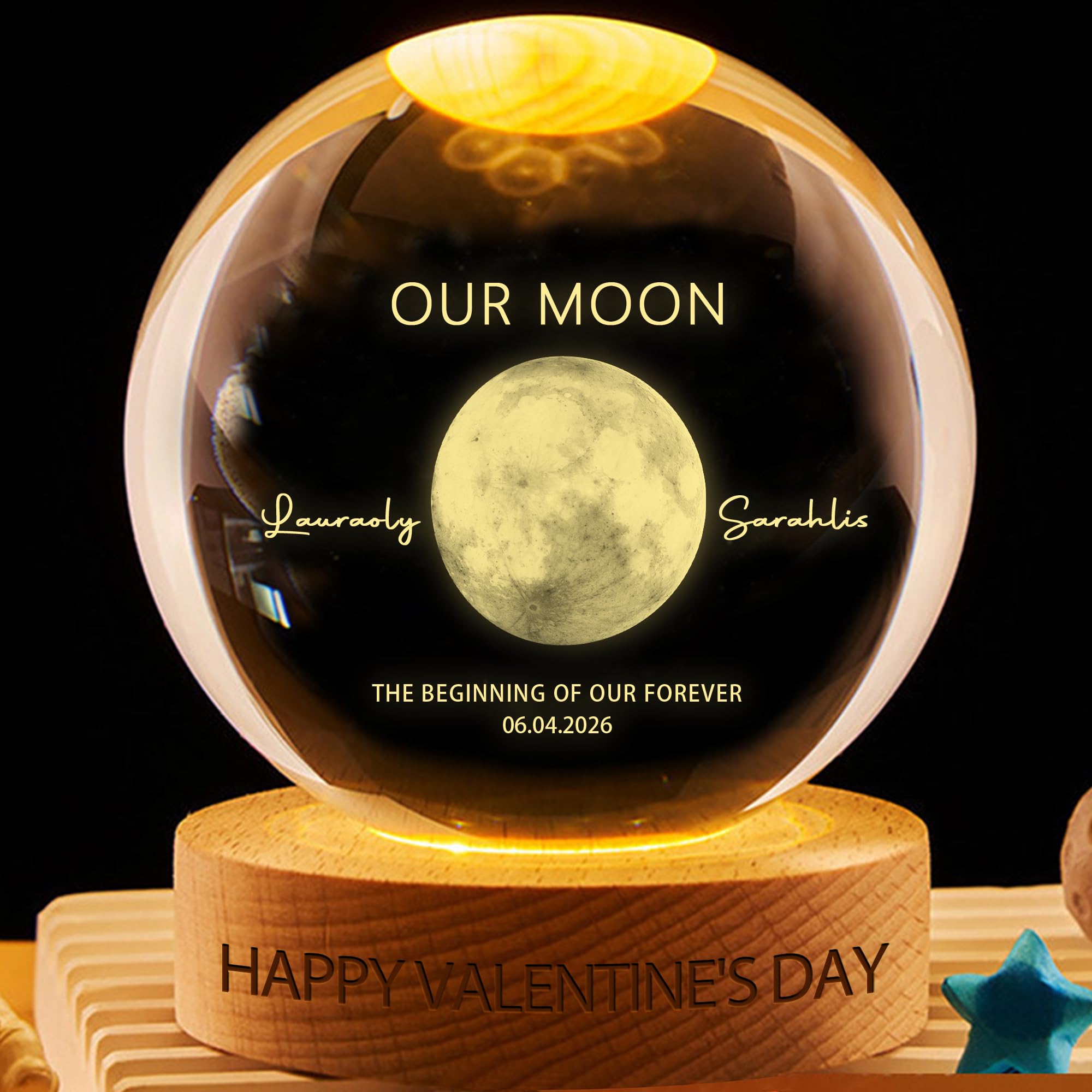 ASD Jewerly Personalized Our Moon Phase Special Date Valentines Couple Crystal Ball LED Night Light, Custom The Day We Met Valentines Day Moon Phase Crystal Globe Lamp Gift for Her, Wife, Girlfriend