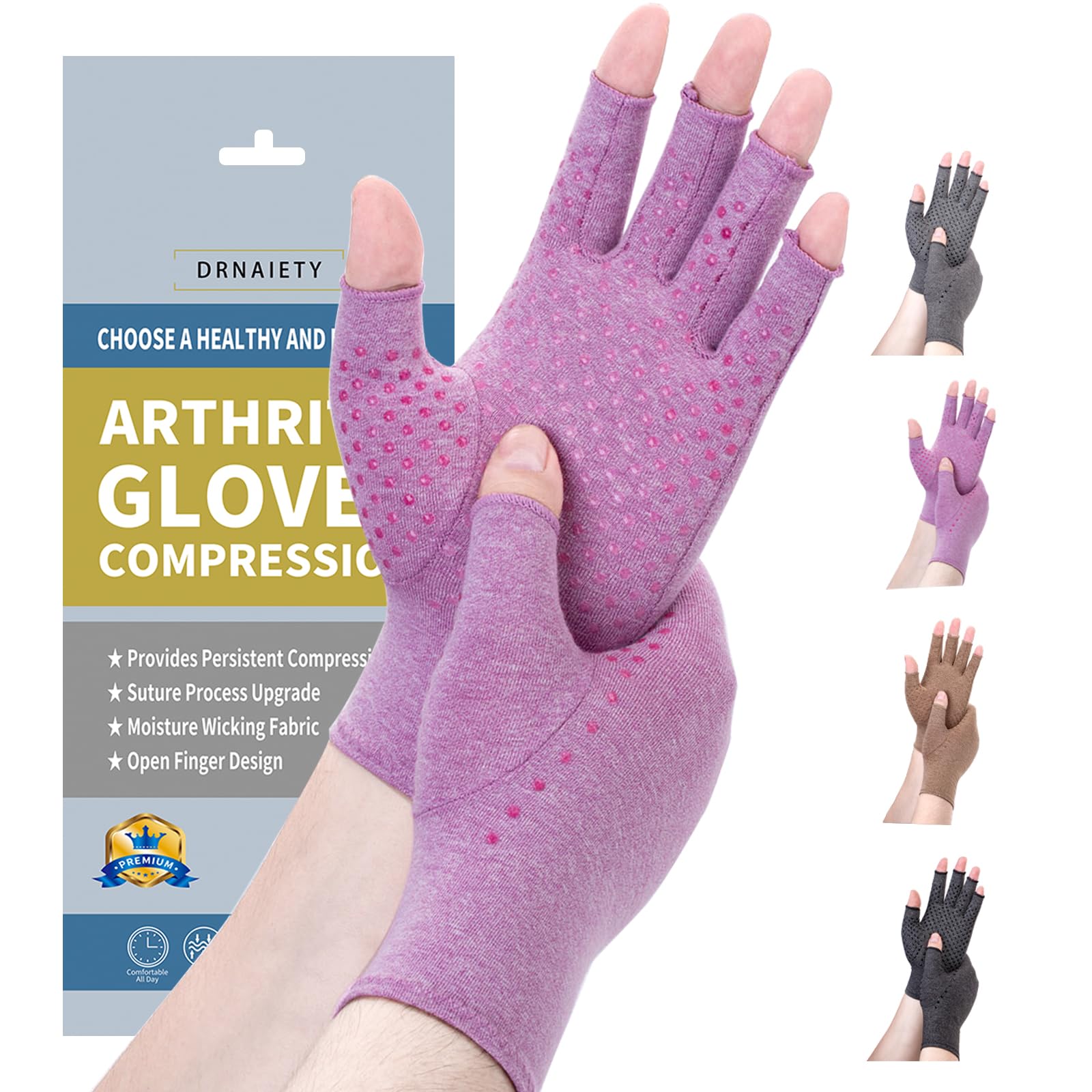 DRNAIETY Arthritis Compression Gloves- for Men & Women Hand Pain, Anti-Slip Fingerless Gloves for Typing Daily Work (M, Purple)
