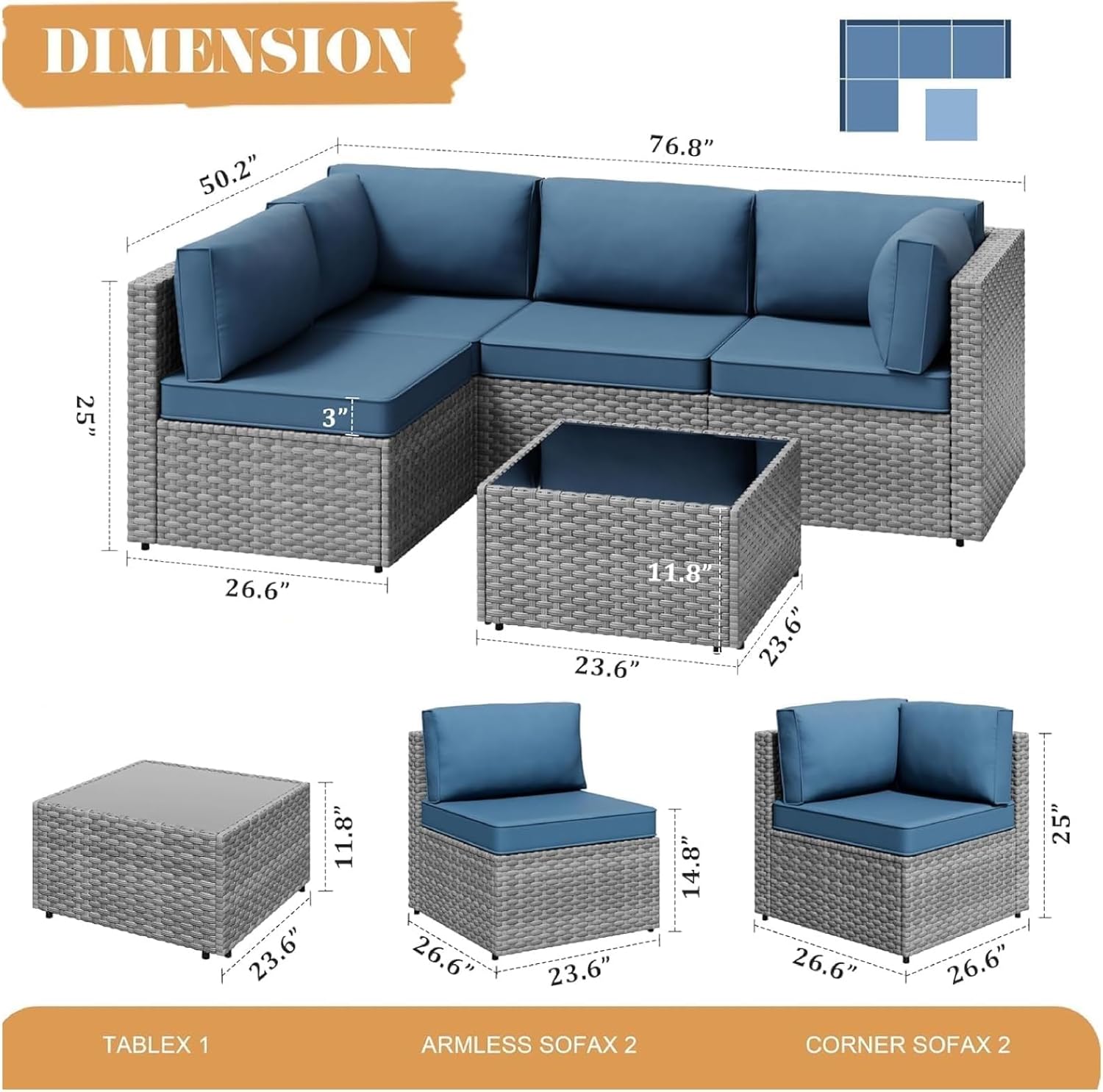 6-Piece Outdoor Patio Furniture with 43'' Propane Gas Fire Pit Table Wicker Outdoor Conversation Set Sectional Sofa for Backyard Poolside Garden(Silver)