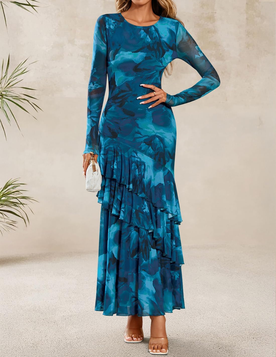 ZESICA Women's Spring Floral Wedding Guest Bodycon Dresses 2026 Long Sleeve Crewneck Mesh Ruffle Mermaid Party Maxi Dress - Image 2