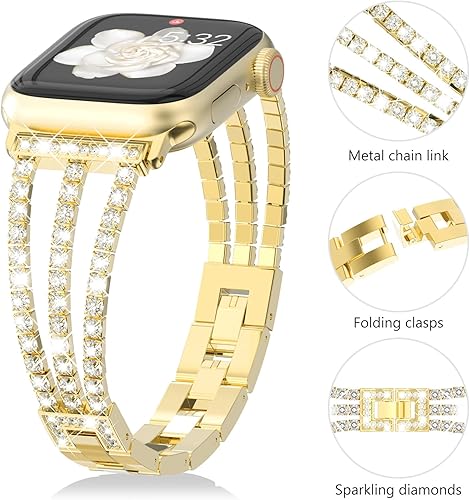 Miniatura 6 de FULLIFE Pulsera de eslabones de metal brillante compatible con correas de Apple Watch para mujer, correa de acero con diamantes de cristal para