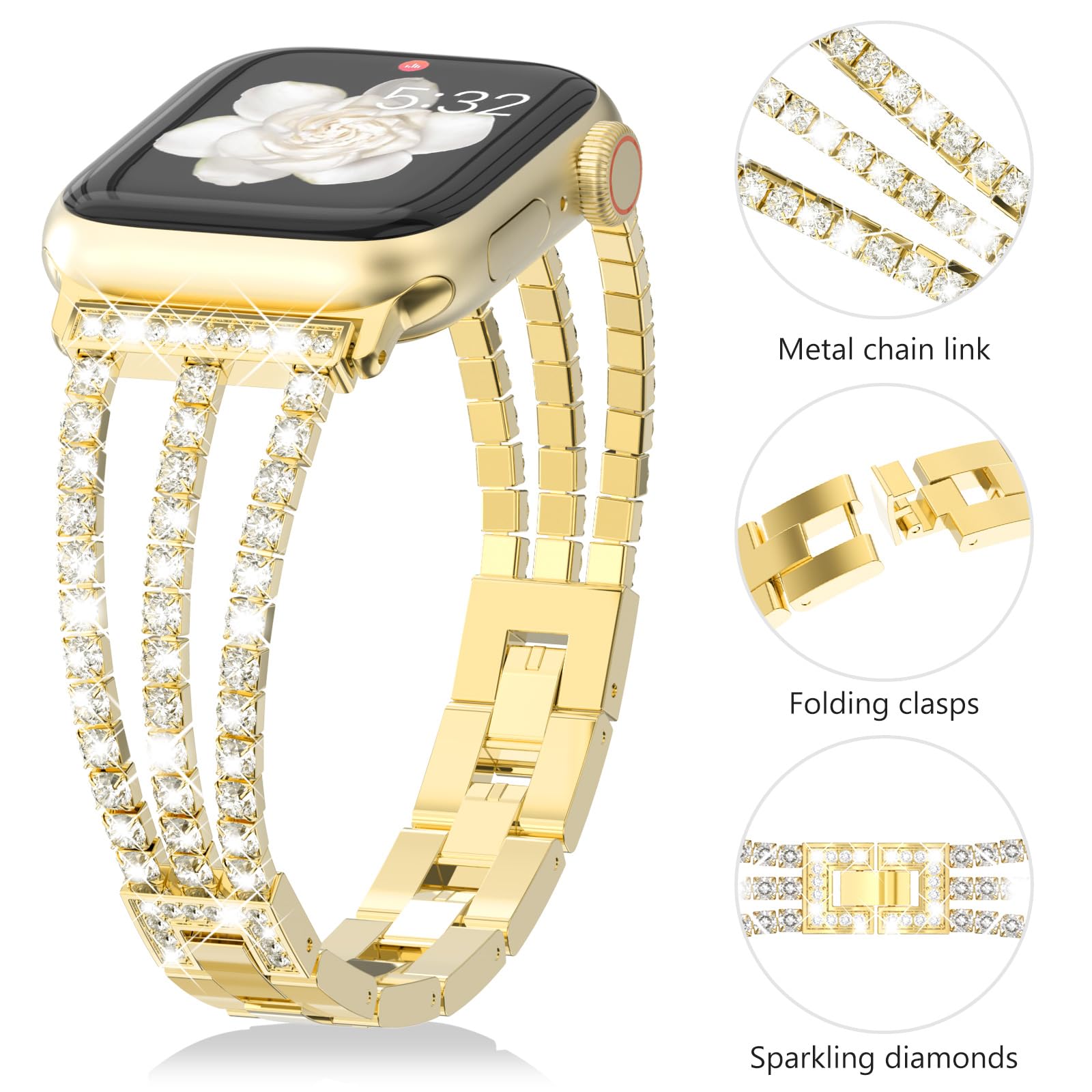 CHANCHY 42mm(series 11 10) 41mm 40mm 38mm Compatible with Apple Watch Strap for Women,Bling Strap Sparkling Crystal Bracelet Replacement Band for iWatch SE 3 2 1,Series 11 10 9 8 7 6 5 4 3 2 1,Gold - Image 2