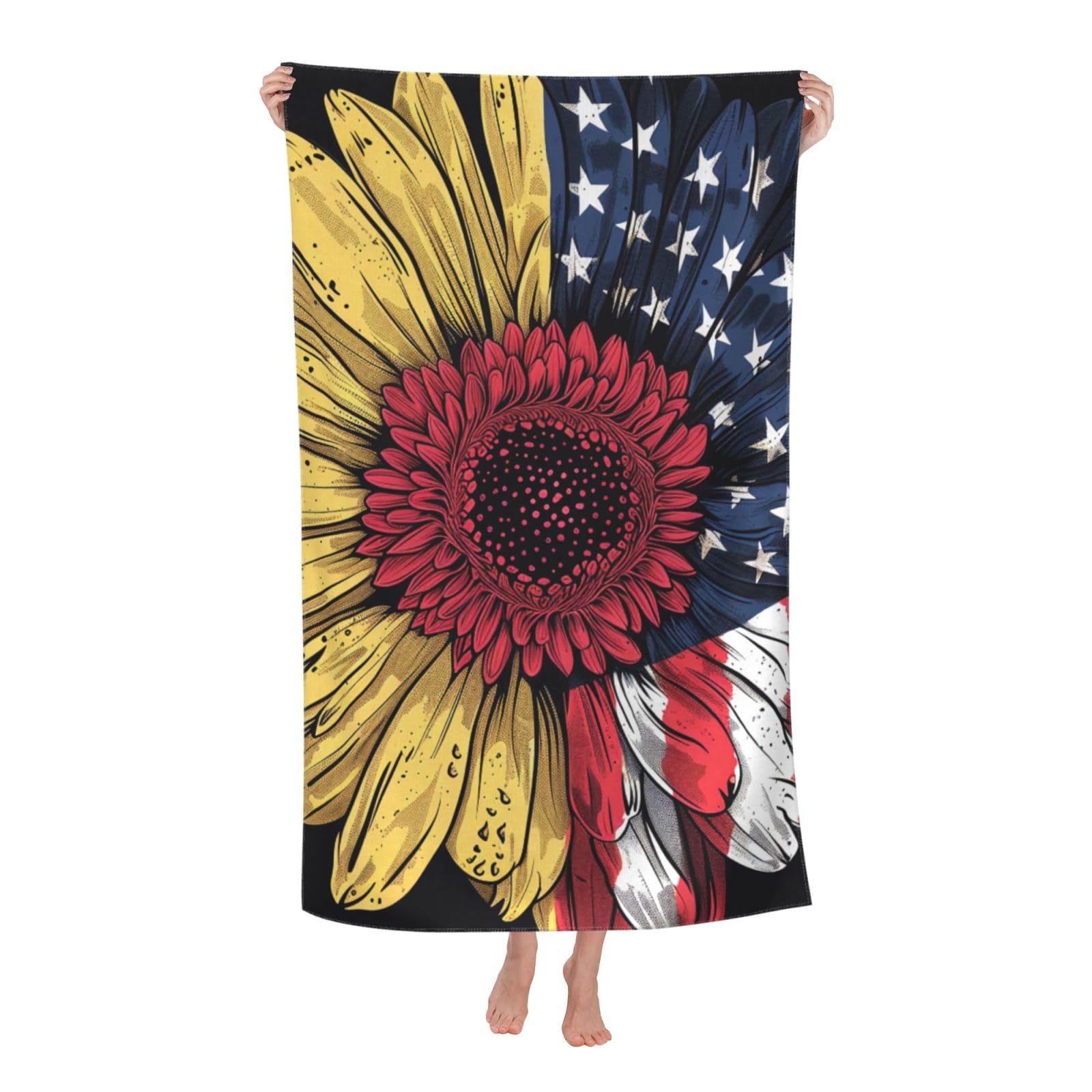 BWWHCCTI Sunflower USA Flag Printed Quick Dry Bath Towel, Soft Microfiber Towels Fast Drying Beach Towels for Travel,Camping,Gym,Swimming,Yoga