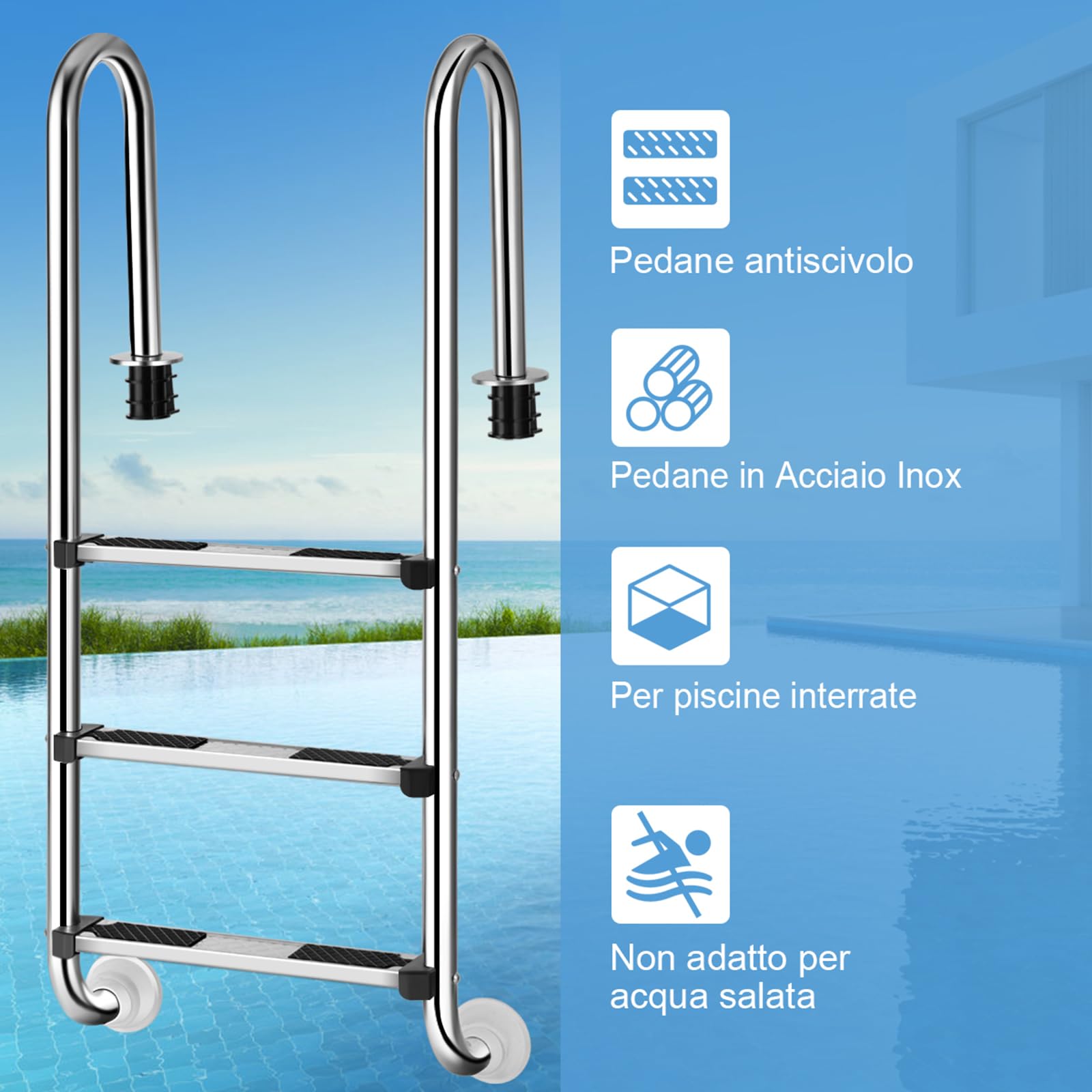 COSTWAY Scaletta di 3 Gradini per Piscina in Acciaio Inox | Scala Piscina con Pedane Antiscivolo, 55 x 25 x 132,5 cm, Capacità di Carico 150 kg
