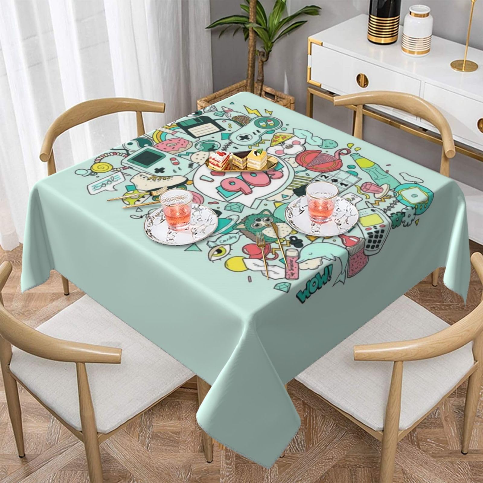ZERAOKE Square Tablecloth 140x140 Cm, Illustration - Table Cover, Polyester Wrinkle-Resistant Washable Tablecloths For Indoor/Outdoor Dining Parties Weddings (Fits 78 To 99cm Tables)
