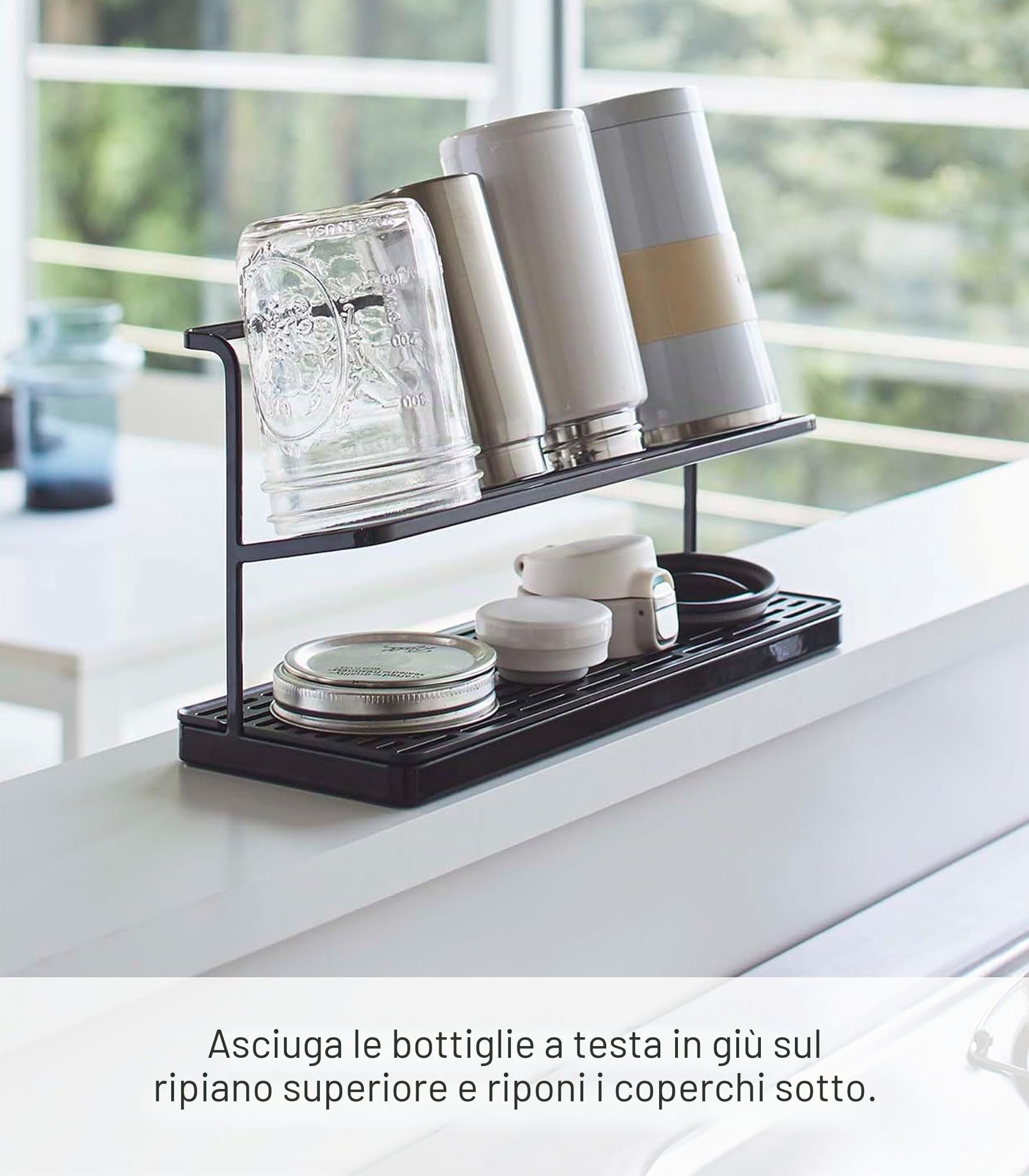 YAMAZAKI 5410 TOWER Bottle Drying Stand with Tray, black, Steel/ABS Resin, 32 x 12 x 17 cm