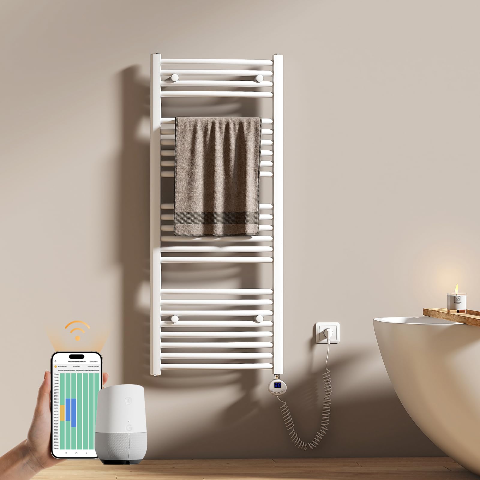 Scaldasalviette Elettrico 120x50 cm 500W con WIFI Termostato Bianco EMKE