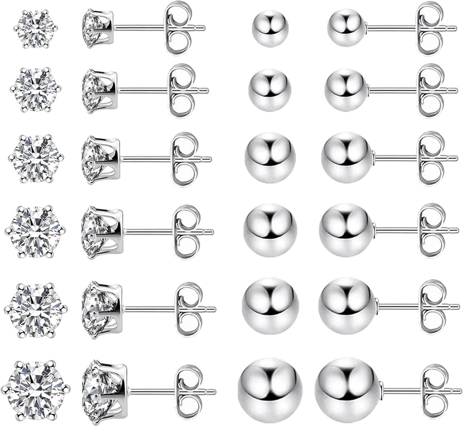 KISSPAT Stainless Steel Stud Earrings Set for Women Hypoallergenic Studs Cubic Zirconia Stud Earrings Multiple Pack (12 Pack)