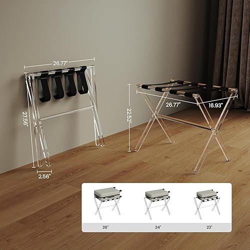 Miniatura 6 de Sumerflos Portaequipajes de acrílico para habitación de invitados, soporte plegable transparente para maleta con correas de cuero para dormitorio,