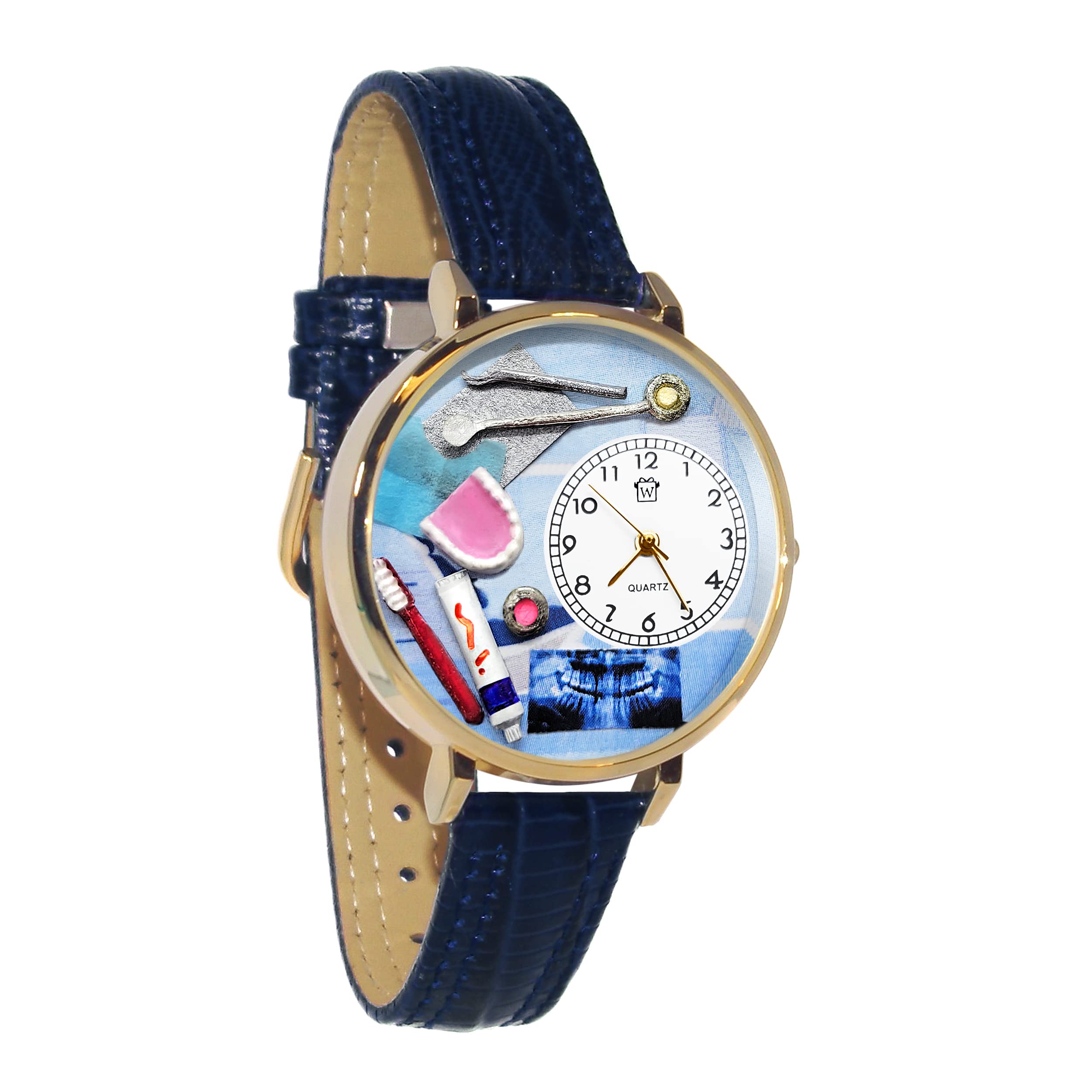 Whimsical Gifts Dentist Dental Hygienist 3D Watch | Gold or Silver Large or Small | Unique Fun Novelty | Handmade in USA | Leather Watch Band