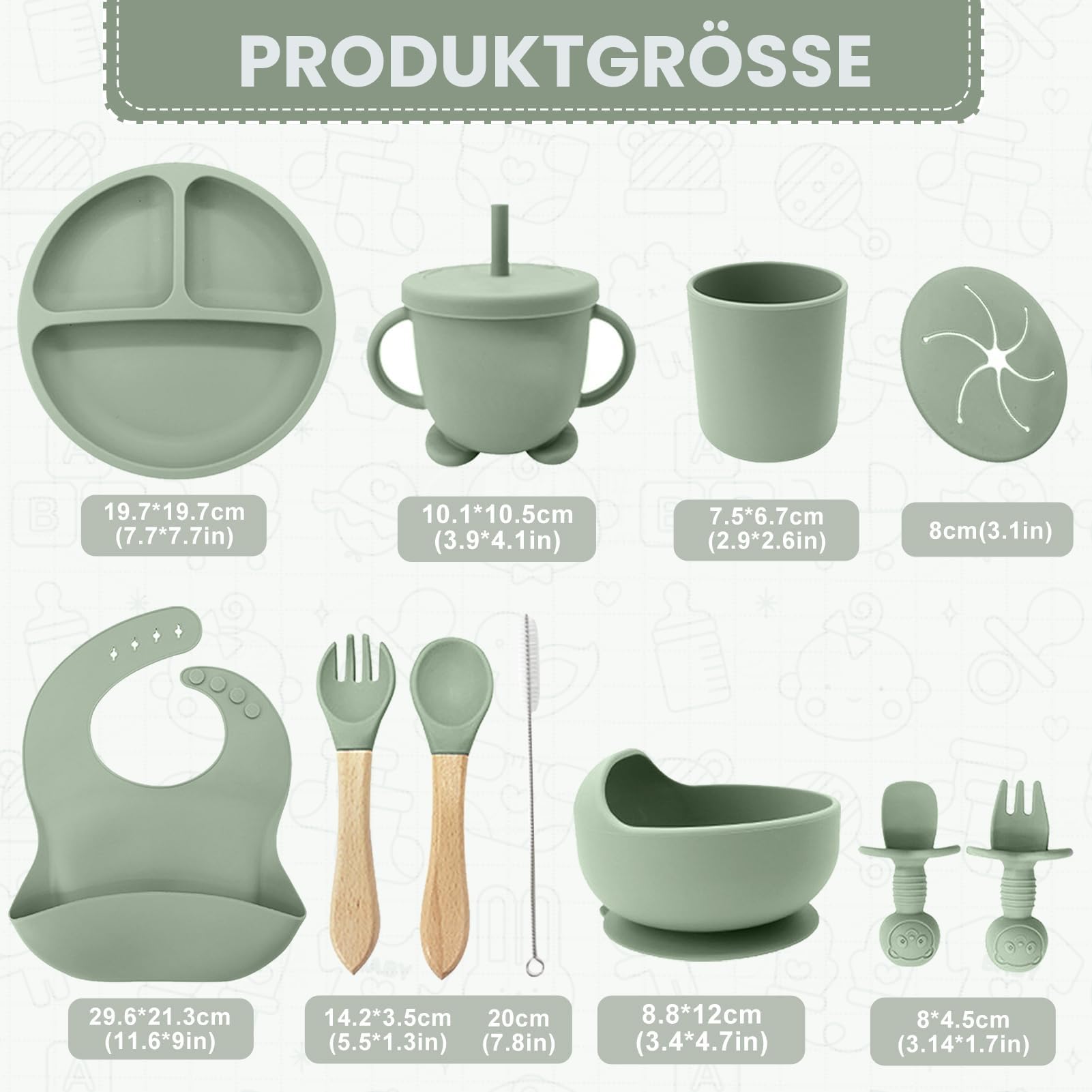 Baby Geschirrset,12er Set Kindergeschirr, Babylöffel,Trinklernbecher,Silikon Lätzchen,Baby Teller Kinderteller mit Saugnapf,Baby Led Weaning Set