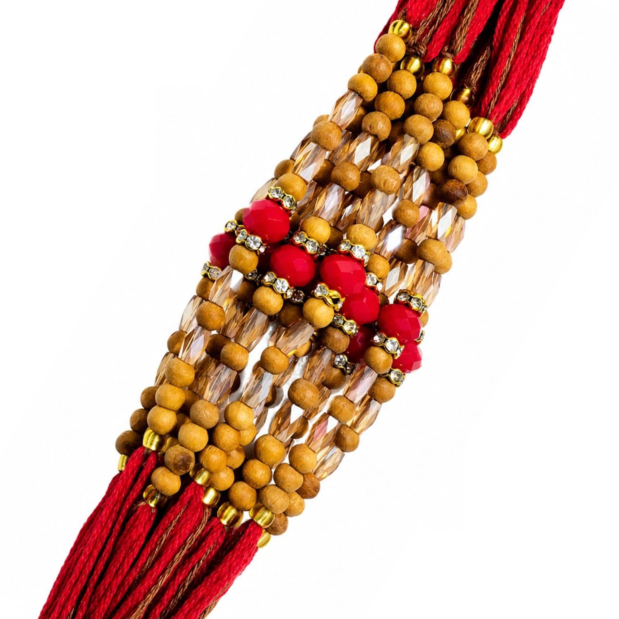 Premium Handcrafted Multi-Layered Wooden & Crystal Bead Rakhi for Brother | Traditional Red Thread Designer Raksha Bandhan Rakhi with Roli Chawal-image-2