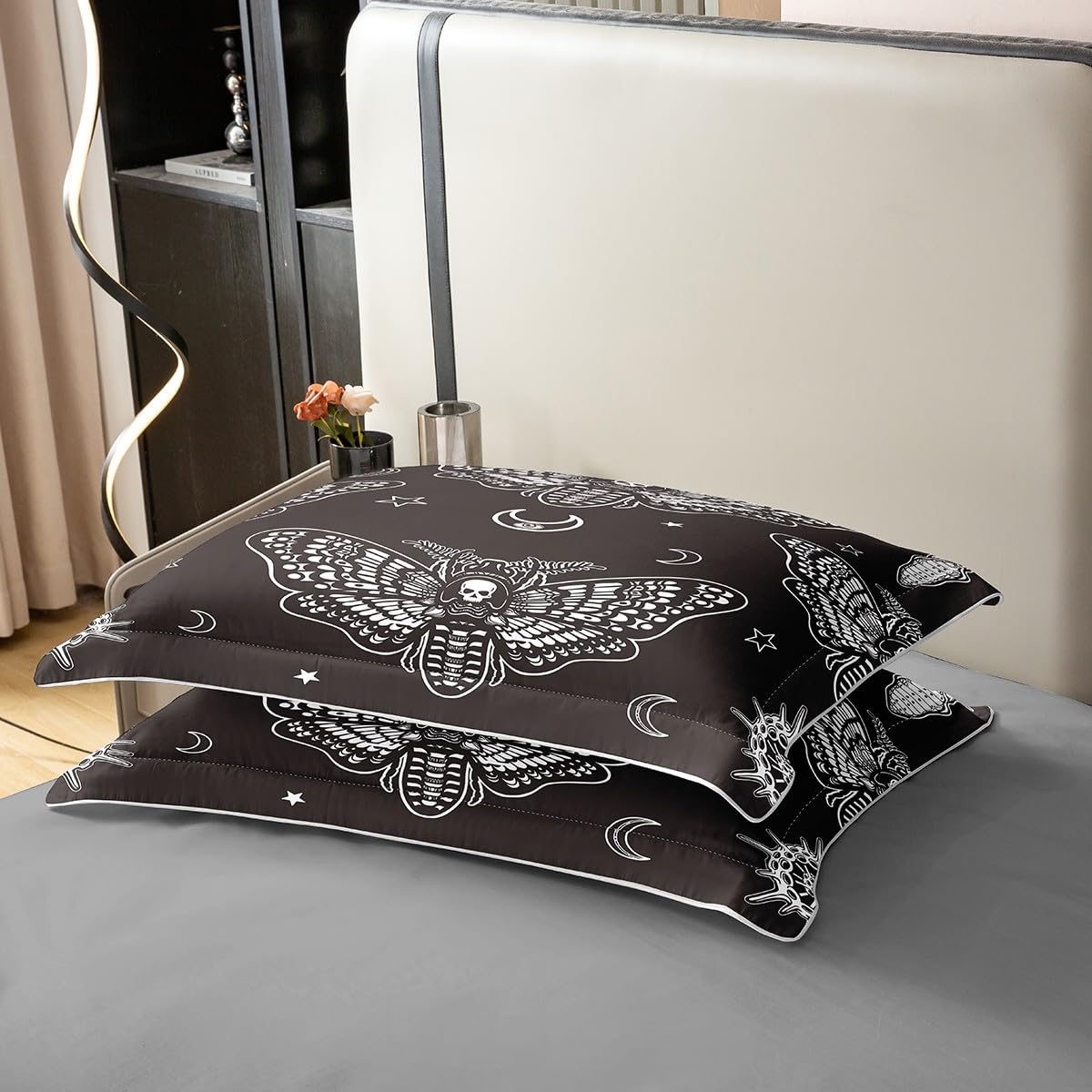 Loussiesd Boho Moth 100% Baumwolle Bettwäsche Set 135x200cm Gothic Schädel Betten Set für Frauen Schlafzimmer Dekor Bohemian Mondstern Bettbezug Set Personalisierte Moth Schädel Skelett Knochen