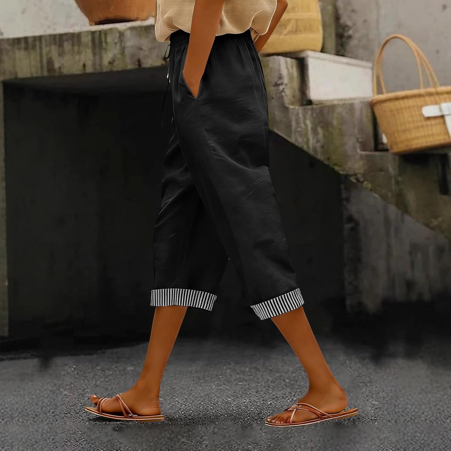 Capri Pants for Women Cotton Linen Casual Summer 2026 Elastic High Waist Wide Leg Loose Drawstring Cropped Trousers - Image 2