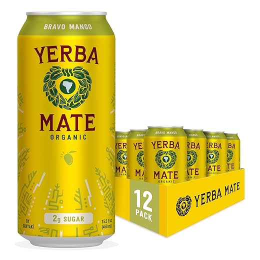 Yerba Madre Organic Yerba Mate, Energy Drink Alternative, Bravo Mango, Low Sugar, 150mg Natural Caffeine, Better for You Energy & Focus, No Jitters or Crash, 15.5 Oz (Pack of 12)