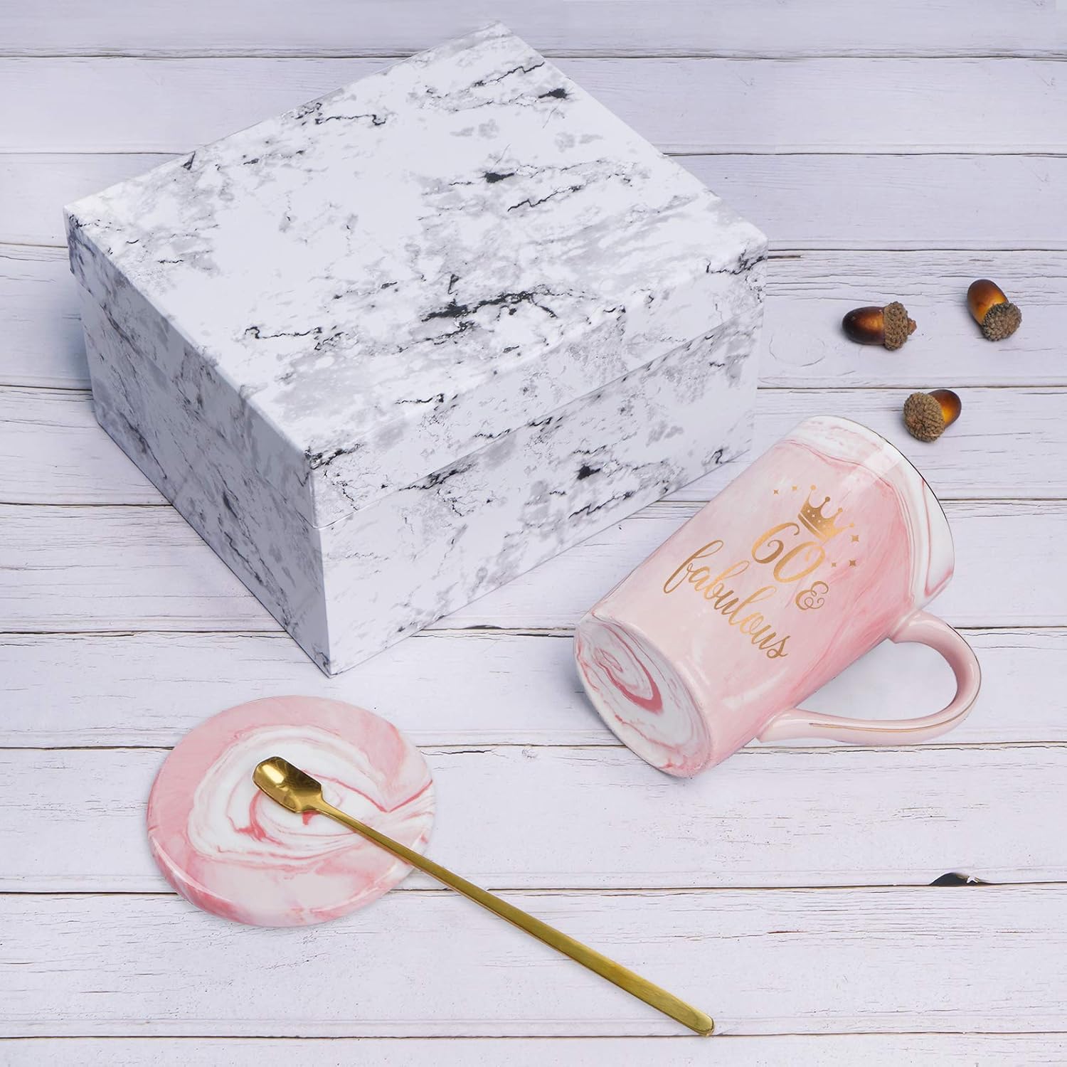 ❤ Crazy Deals 60th Birthday Gift - 60th and Fabulous Coffee Mug - 60th Anniversary Christmas Mothers Day Gifts for Grandma - Grandmother Coffee Mug for Women - Pink Marble Mug with Spoon Coaster Box 14 Oz