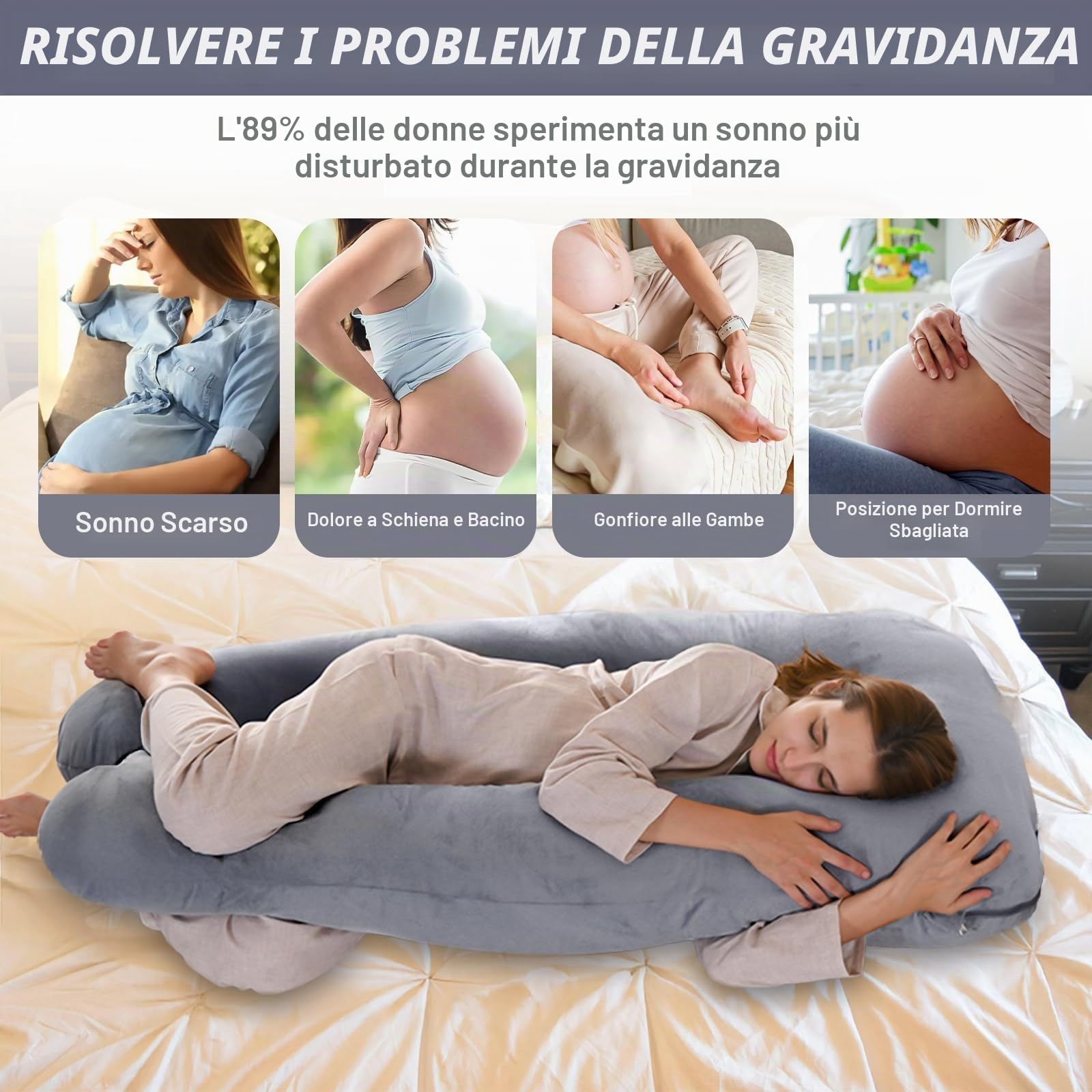 Cuscino Gravidanza - Cuscino Gravidanza e Allattamento Forma di U per Dormire - Cuscino per Allattamento e Gravidanza con Federa in Velluto Sfoderabile e Lavabile - Grigio