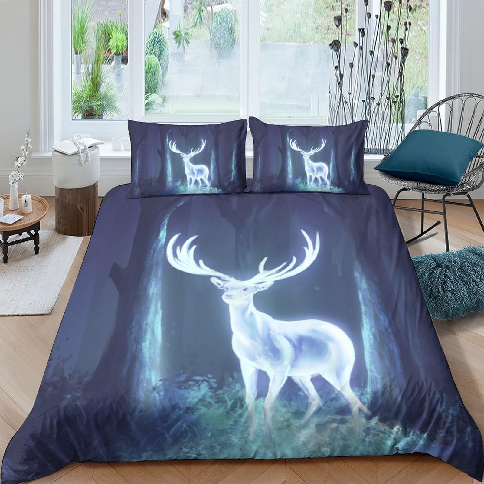 GPLZQXKJNH 3D Printed Luminous Deer Duvet Cover Microfiber Breathable Forest Night Bedding Set with 2 Pillowcases for Bedroom Decor Single（135x200cm）
