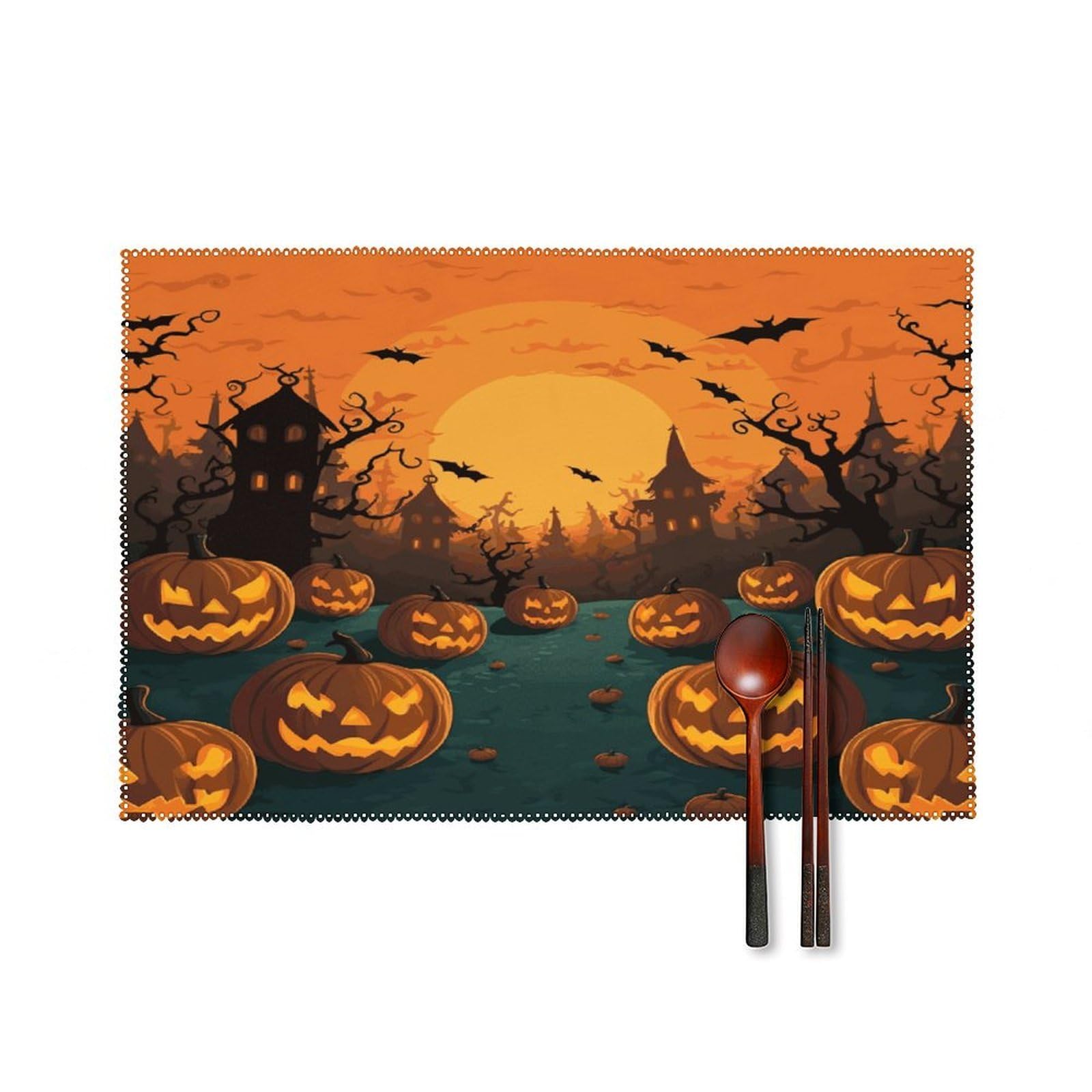 Btcowzrv Style Halloween Orange Canvas Placemats Set Of 6, Wipeable Washable Place Mats For Indoor & Outdoor, Table Mat Decor For Kitchen Dining Party