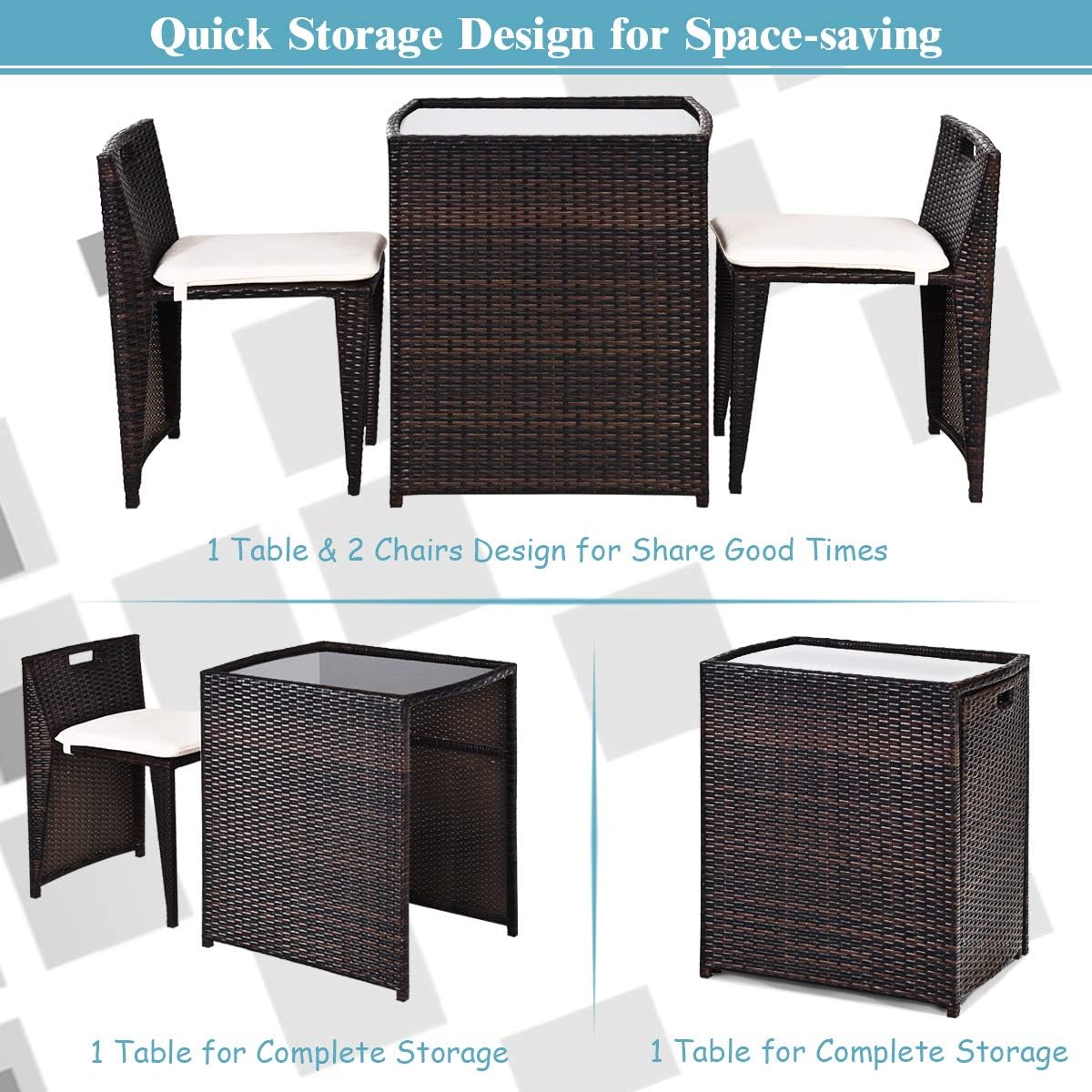 Compact Brown Wicker Outdoor Patio Set with Cushions and Glass Table