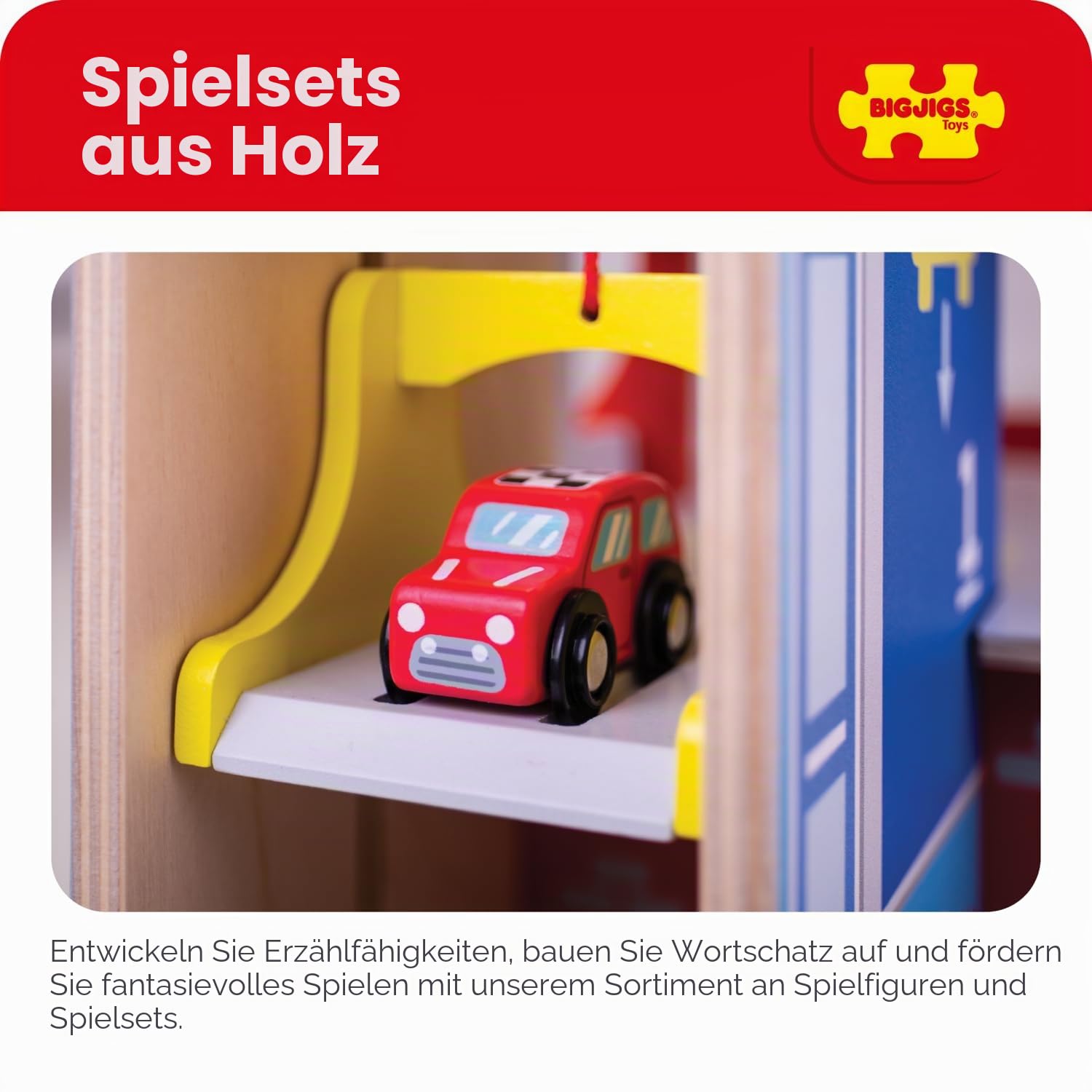 Bigjigs Park & Play Garage-Spielzeug, Holz-Servicezentrum mit Aufzug & Autowaschanlage