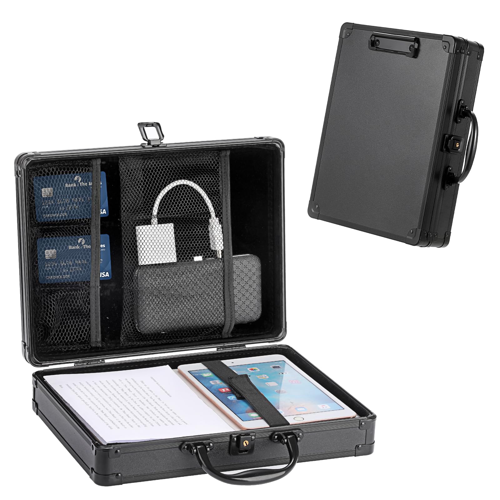 Maletín de aluminio para documentos con cerradura, A4, maletín con llave, resistente al agua, portátil, de aluminio, para oficina, negocios, negro, para hombre y mujer, 32 x 24 x 7,5 cm