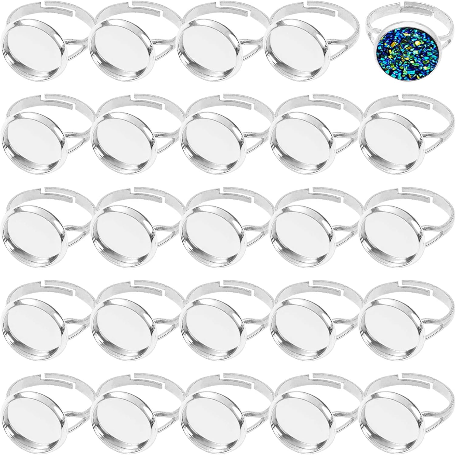 Oubaka 60pcs 12mm Silver Adjustable Blank Ring Bases - Flat Metal Trays for DIY Jewelry Making & Custom Rings