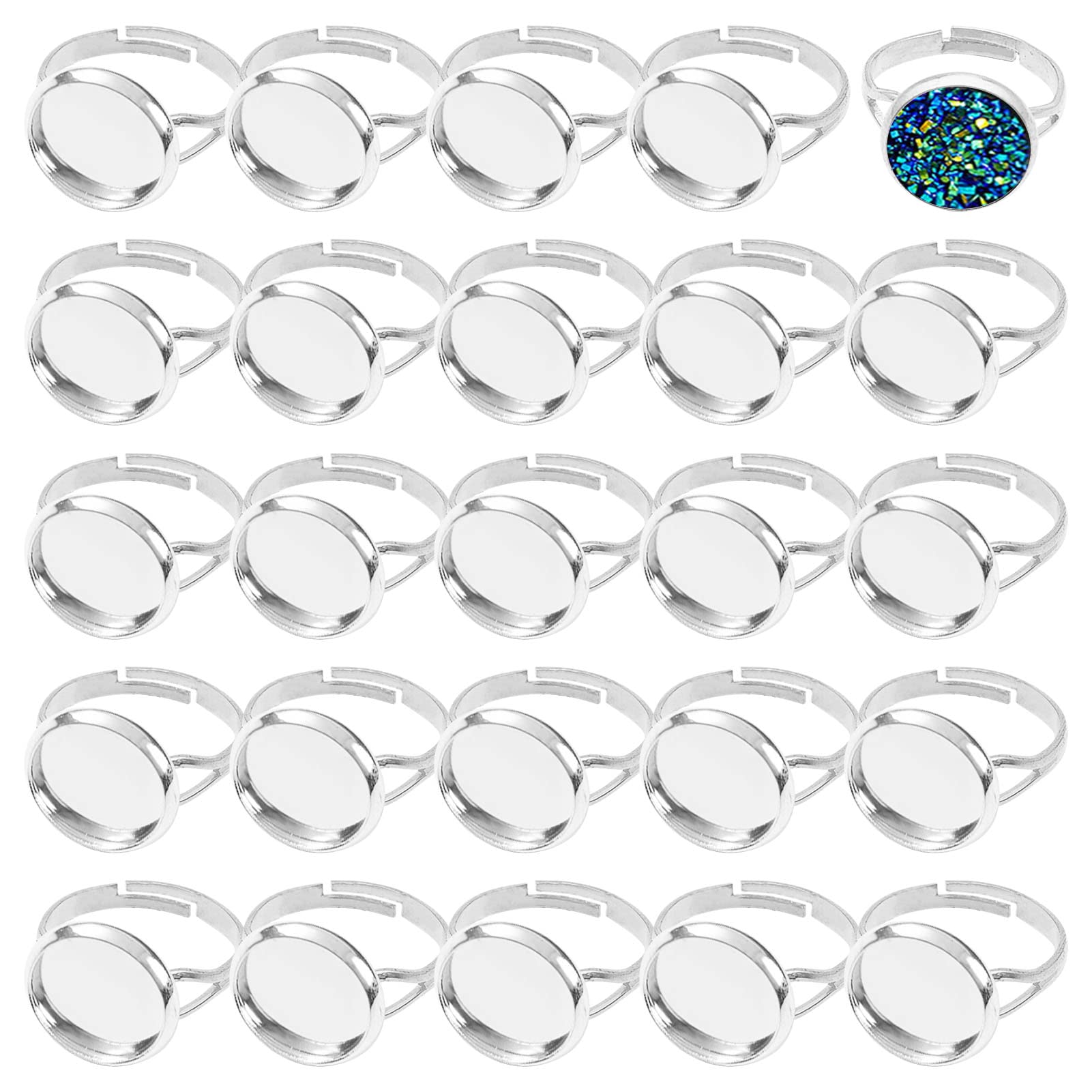 60pcs Blank Rings 12mm Adjustable Ring Bases Adjustable Flat Ring Metal Round Finger Rings Trays for Jewelry Finding(Silver)
