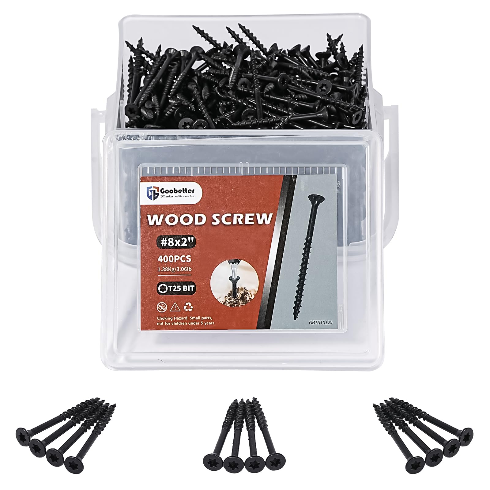 Goobetter Deck Screws 2 Inch, 400PCS Exterior Wood Screws, #8 x 2 Fence Construction Screws, Torx Head, Rust Resistant Epoxy Coated, T25 Bits Included