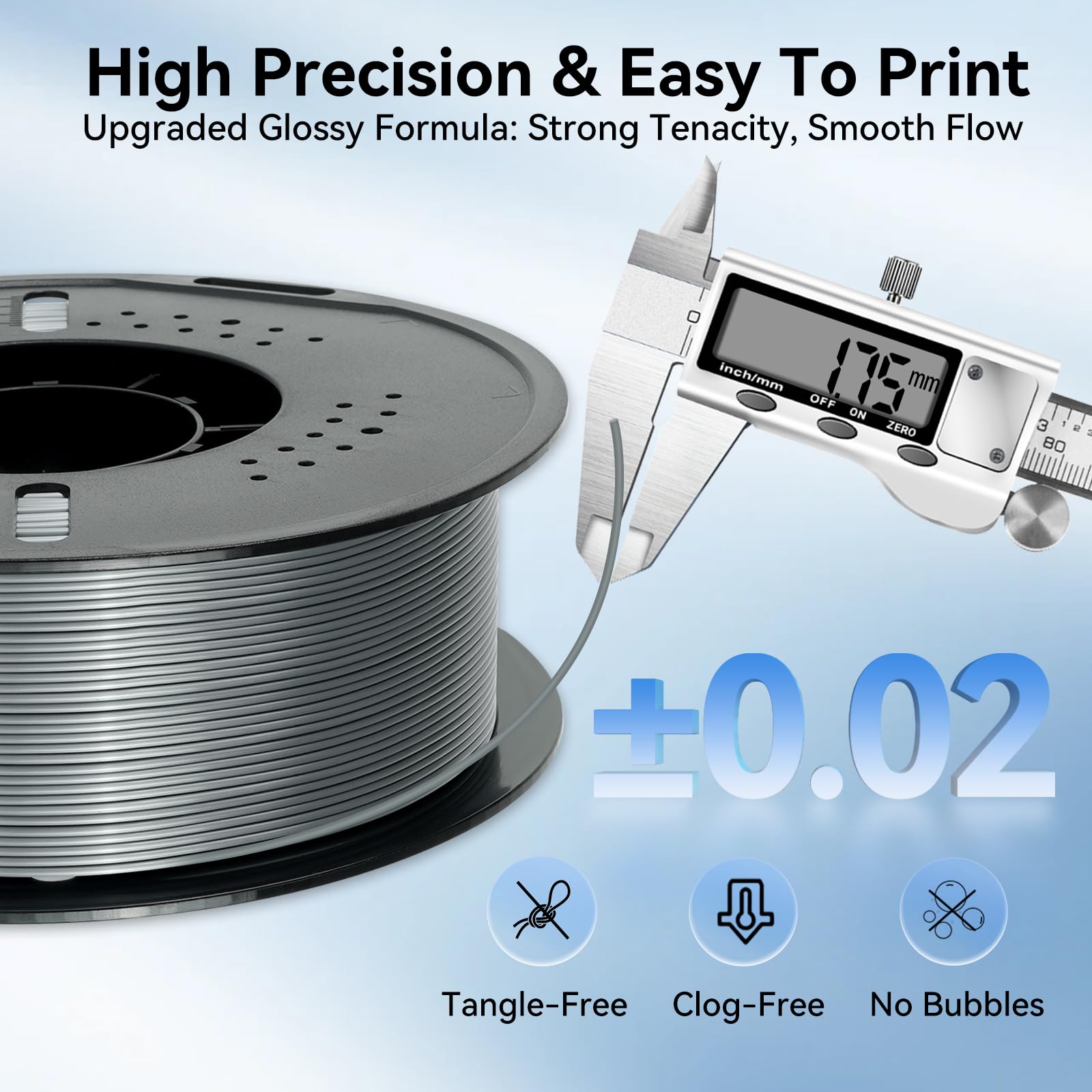Filamento de seda PLA para impresora 3D, precisión dimensional +/- 0.03 mm, carrete de 1 kg (2.2 libras), filamento PLA brillante de 1.75 mm (plata)