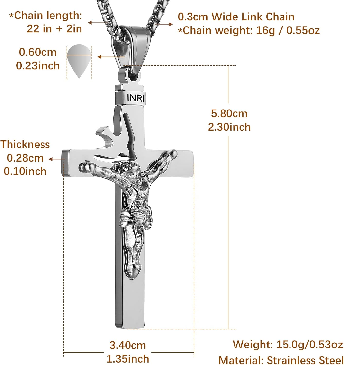 HZMAN Dove Holy Land Gift INRI Cross Crucifix stainless steel Pendant Necklace With Free Chain - Image 5