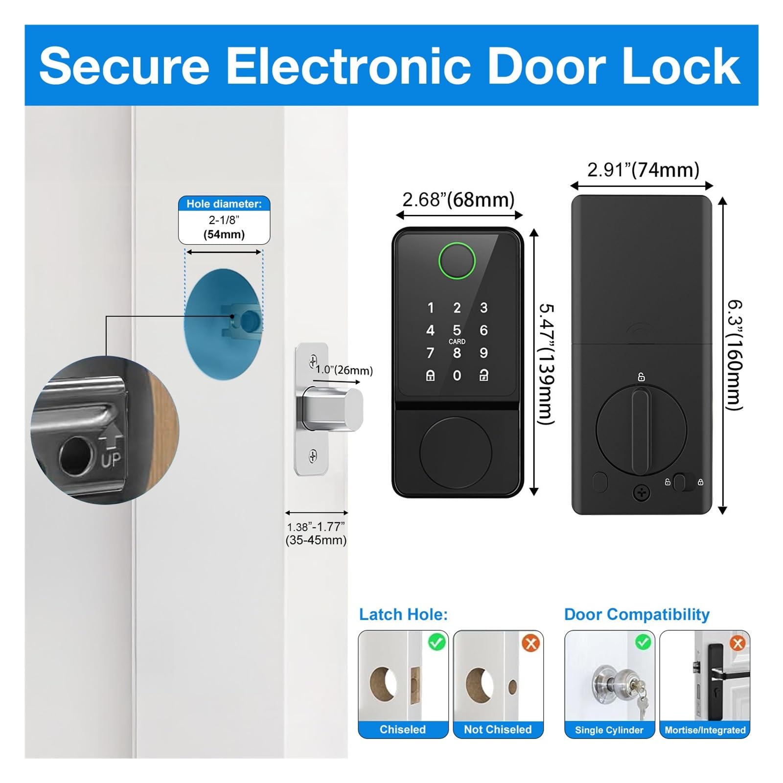 Cerradura de puerta inteligente, Cerradura de puerta con cerrojo de seguridad sin llave, cerraduras inteligentes for puerta delantera, huella dactilar, teclado, código, tarjeta y llaves