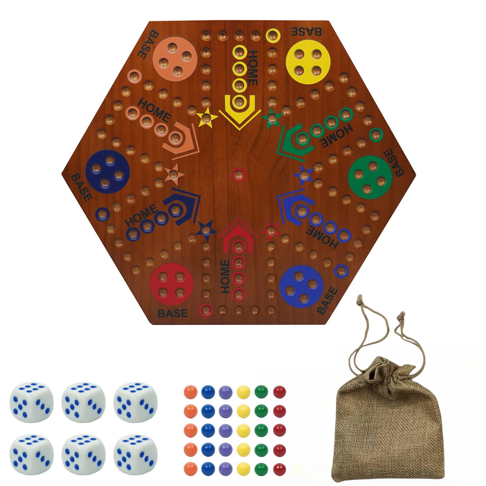 Marble Board Game -Original Board Gameï¼ŒLarge Solid Pine Spray Paintï¼ŒDouble Sided Painted 15inch Fast Track for 4 or 6 Players with 6 Colors 30 Marbles 6 Dice Friends Family Game Party