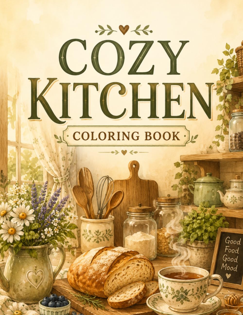 Cozy Kitchens Coloring Book: Charming Country Cottage Kitchens, Farmhouse Baking Scenes, Farmers Markets, and Hygge Inspired Adult Coloring Pages for Stress Relief