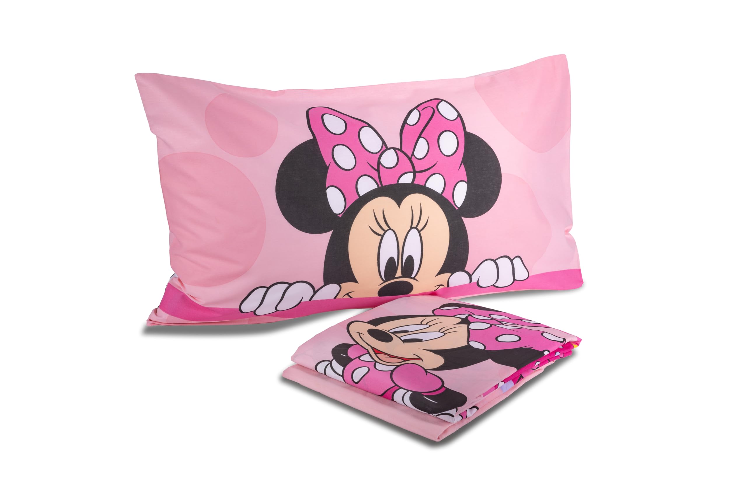 Minnie Mouse, Set Lenzuolo Letto Singolo, Completo Letto Singolo Disney, Lenzuolo Sopra, Lenzuolo Con Angoli, Federa, Rosa,Disney, 100% Cotone, Prodotto Ufficiale