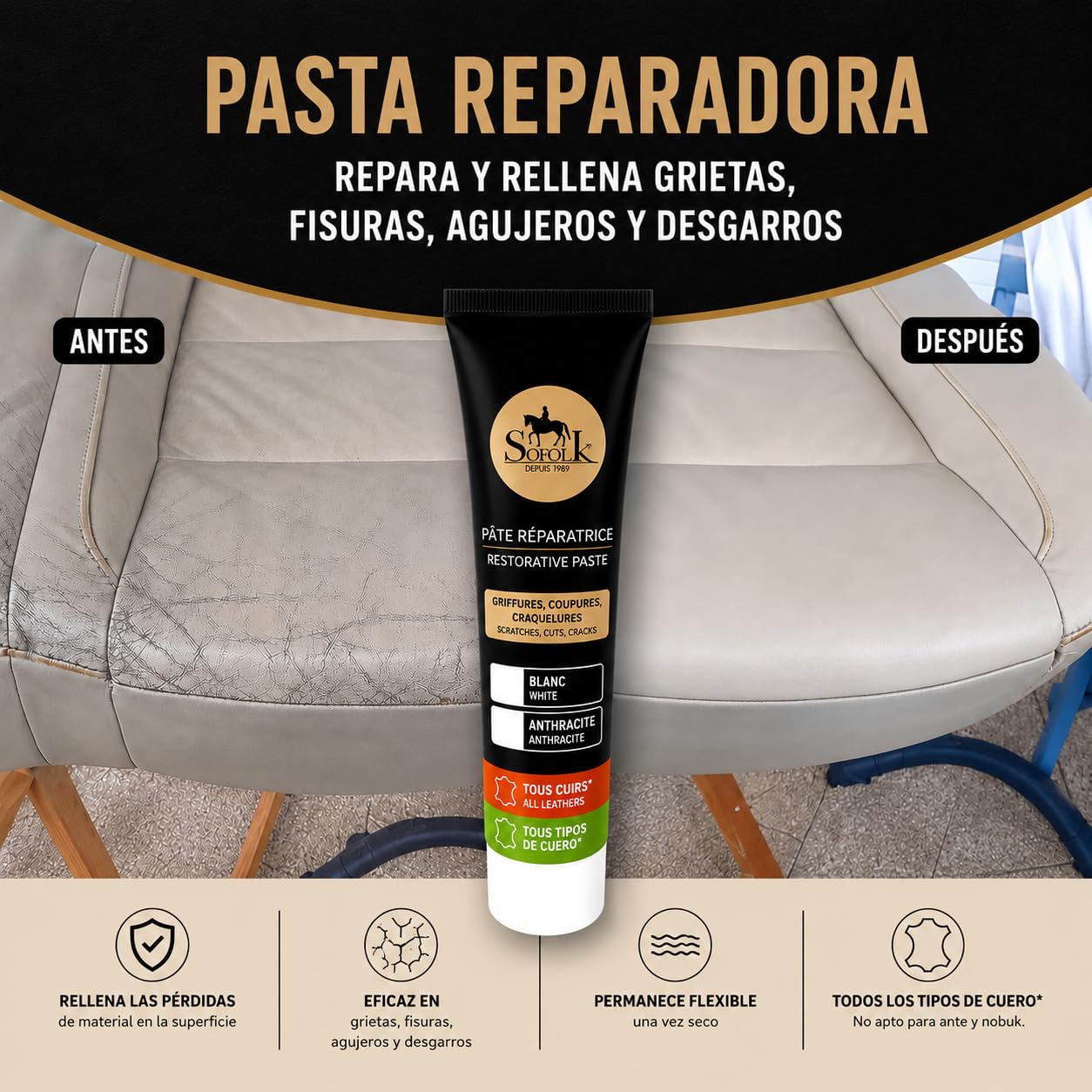 SOFOLK Pasta de reparación de cuero/falso cuero : grietas, grietas, gato de cocina, agujeros, peladuras (BLANCO)