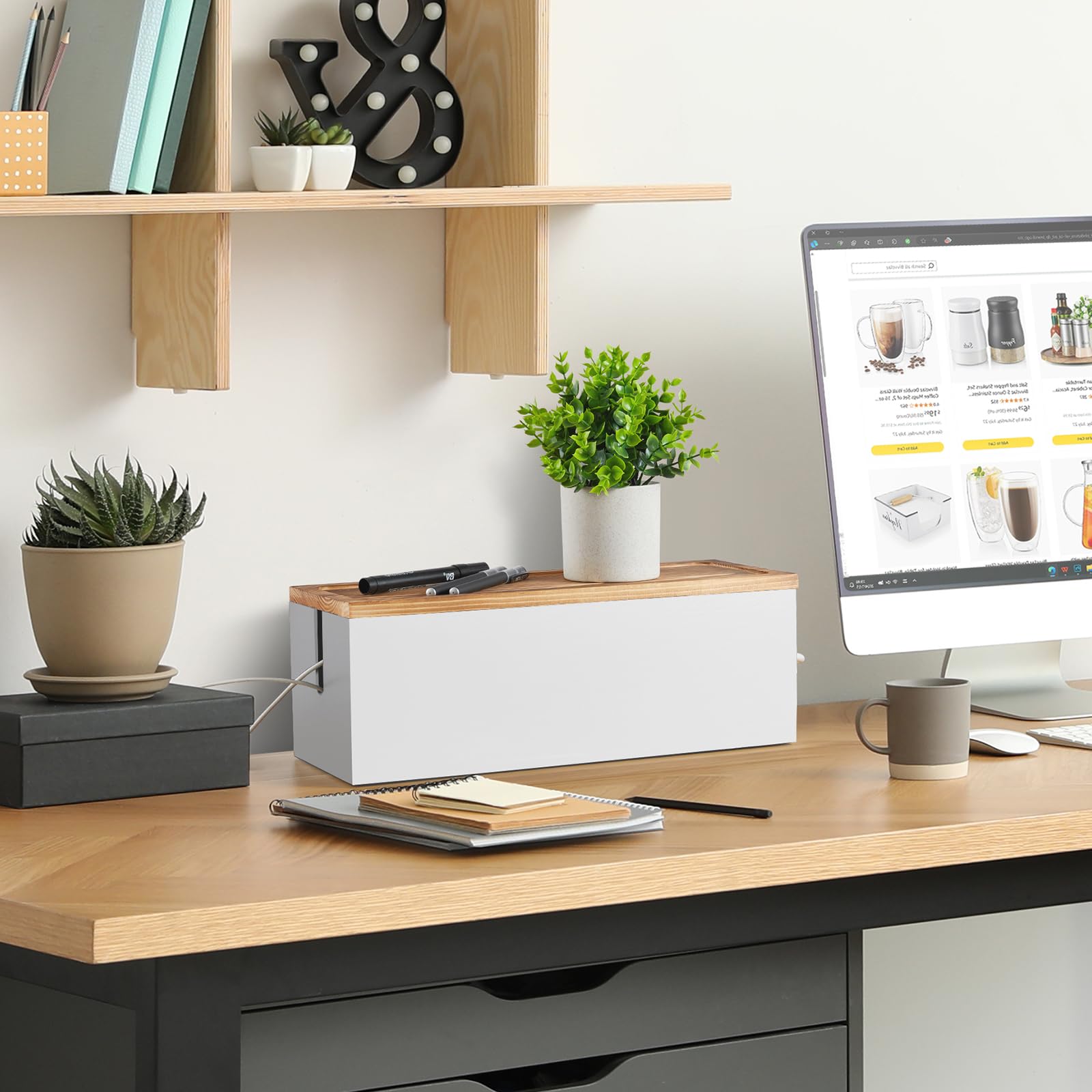 Bivvclaz Grande scatola di gestione cavi, scatola organizer per cavi in legno per sotto scrivania, TV e computer, hub USB per coprire e nascondere prolunghe, fascette per cavi