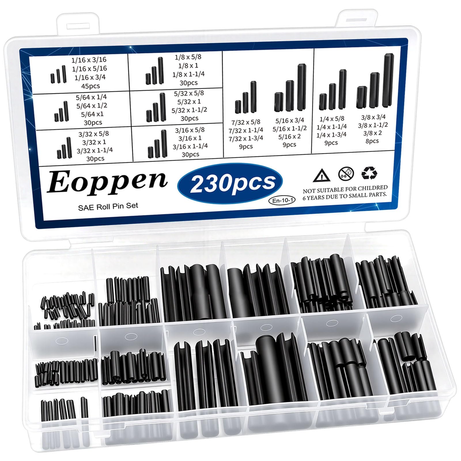 Eoppen 230Pcs SAE Roll Pin Assortment Set - Slotted Spring Pins