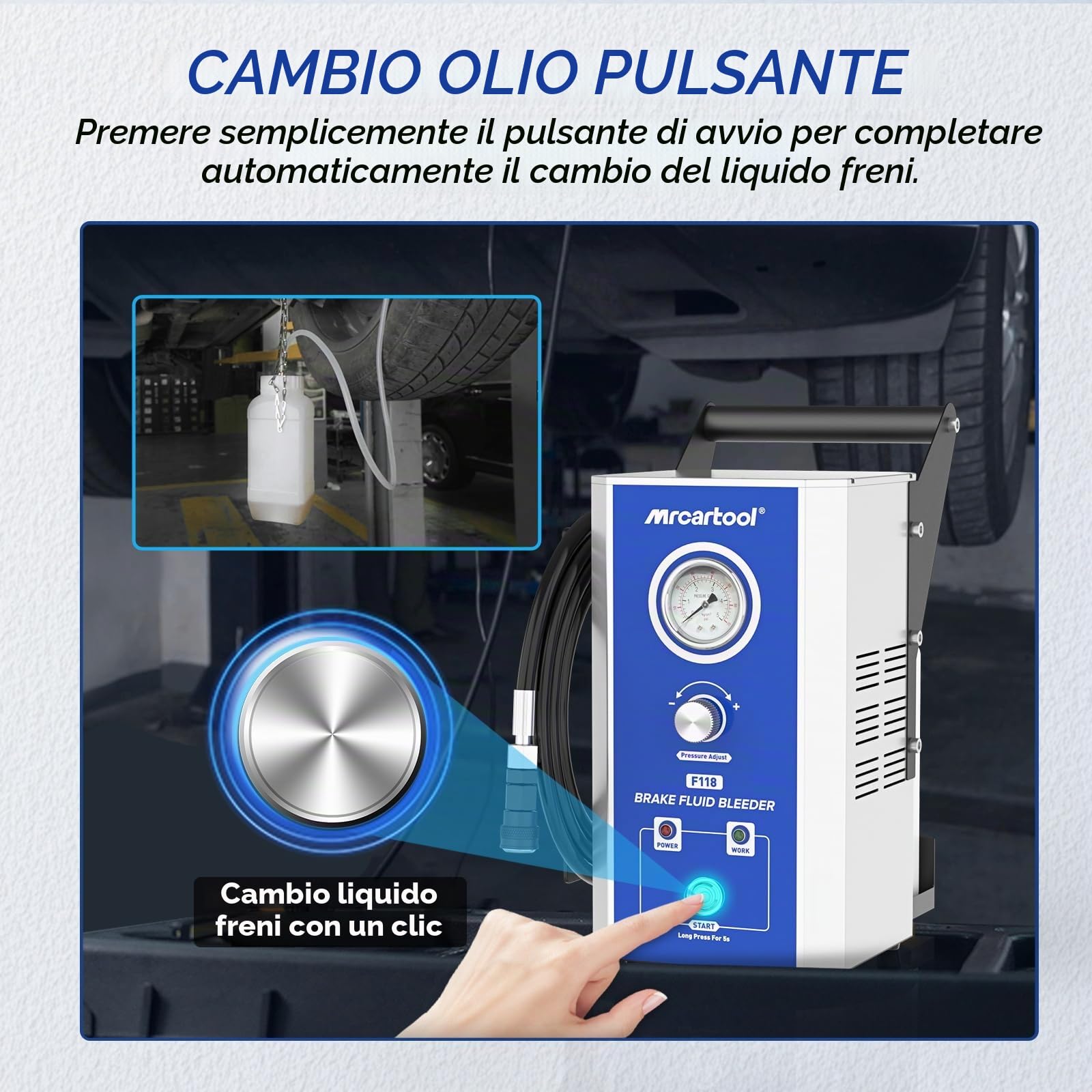 MRCARTOOL Spurgo Freni Auto 220V Spurgo Freni Elettrico Macchina per Il Cambio di Liquido dei Freni con 7 Adattatori, Spurgo Freni 0,7-3,0 Bar per Volkswagen, Audi, Škoda, Benz, BMW