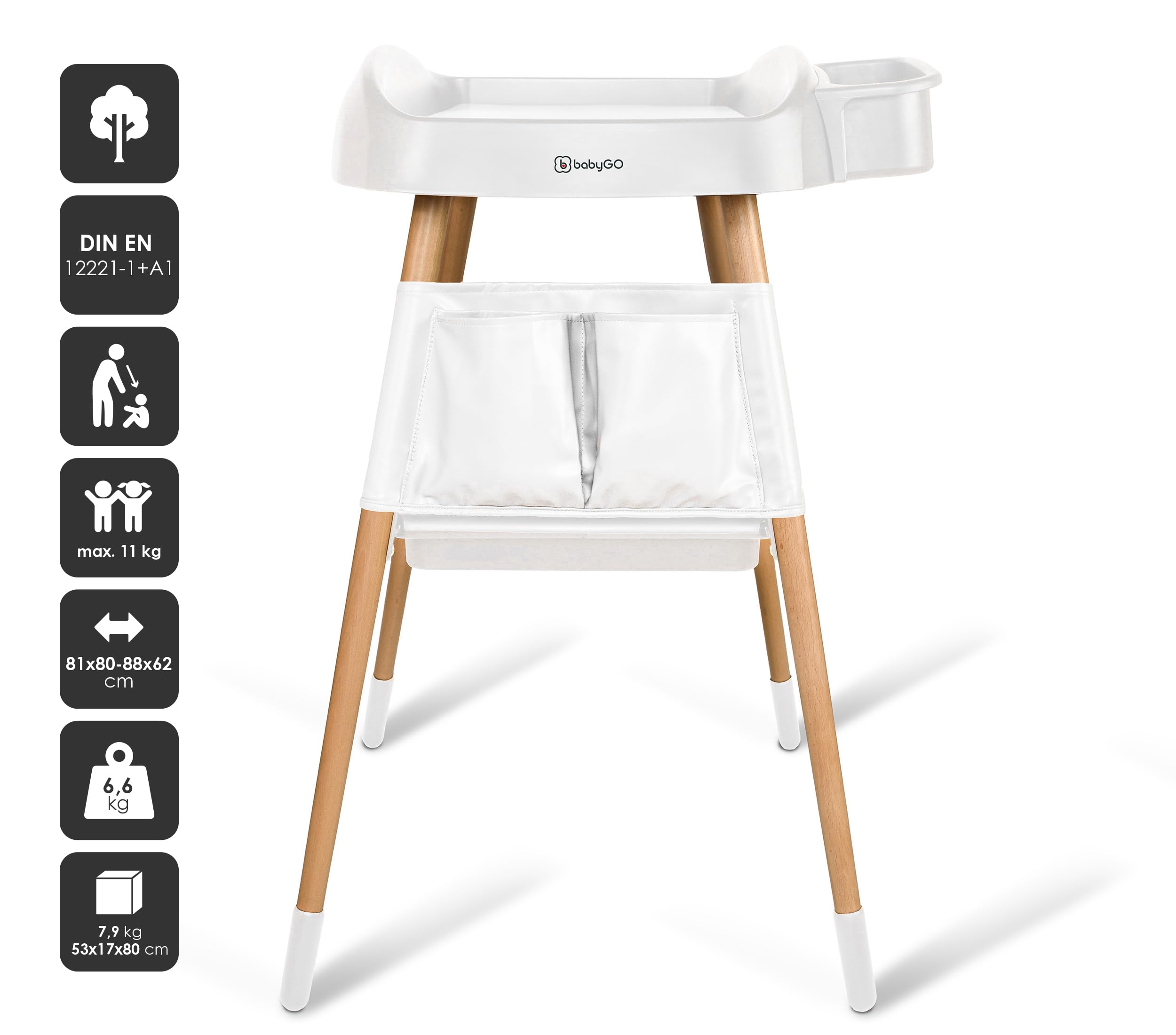 babyGO ChangMe Wickeltisch aus Buchenholz Weiß - Babyzimmer Ausstattung für Windelwechsel