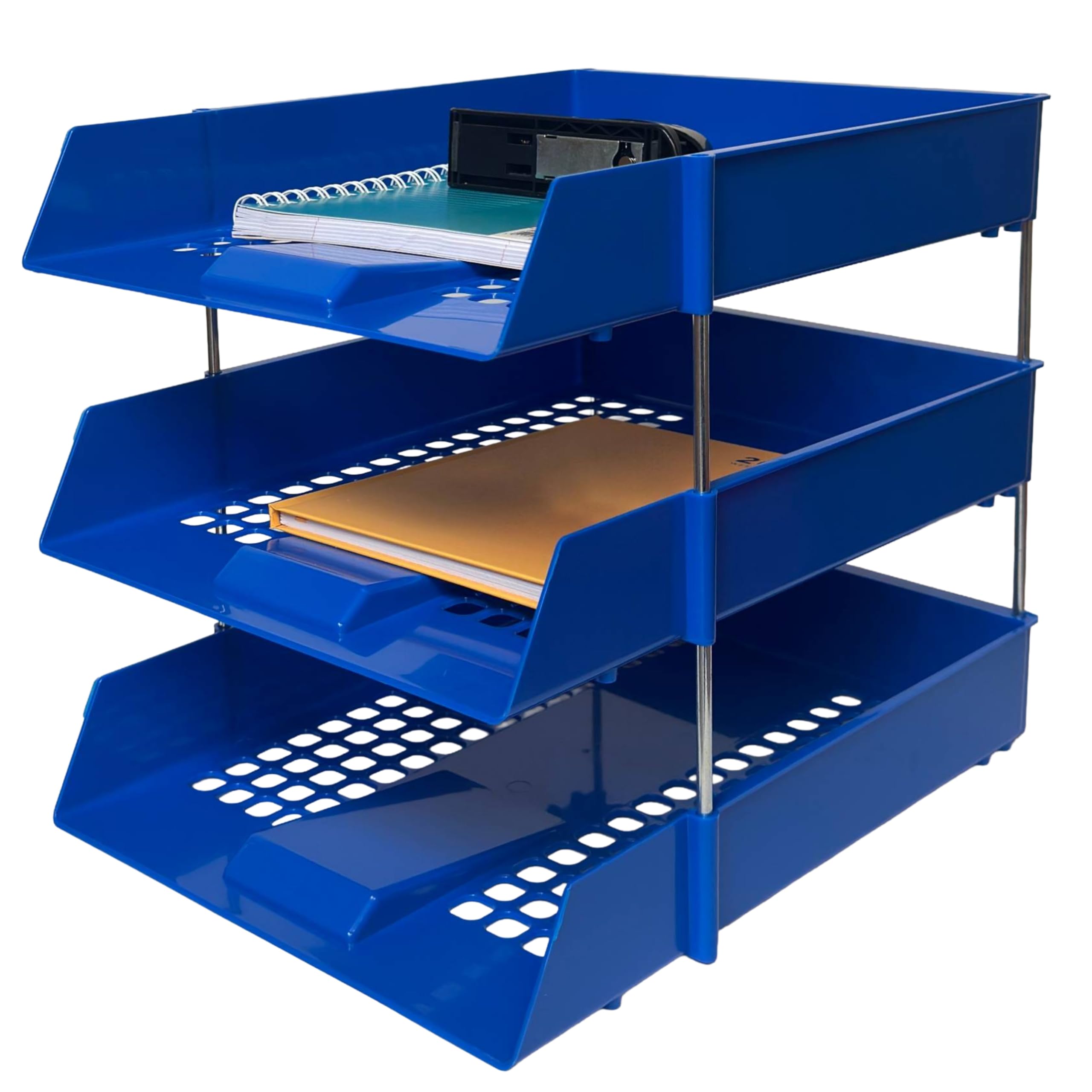 A4 Blue Plastic Letter Trays with Risers – 3 trays Stackable Desk Document Organiser