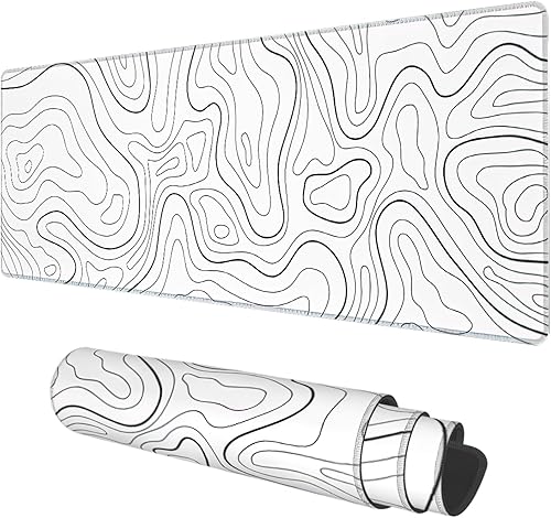 Alfombrilla de escritorio, mapa de contorno topográfico blanco extendido, alfombrilla grande de 31.5 x 11.8 pulgadas para mouse pad grande con base